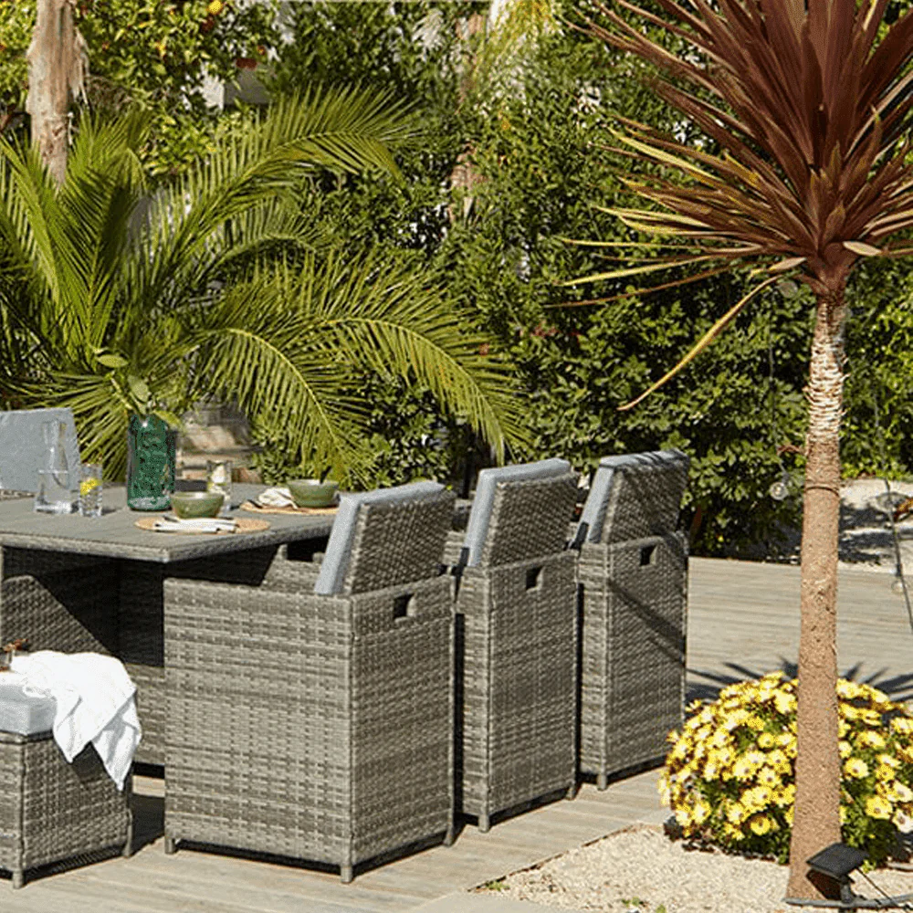 Cube 10 Seater Rattan Outdoor Dining Set with Grey LED Premium Parasol - Grey Weave Polywood Top - Image 4