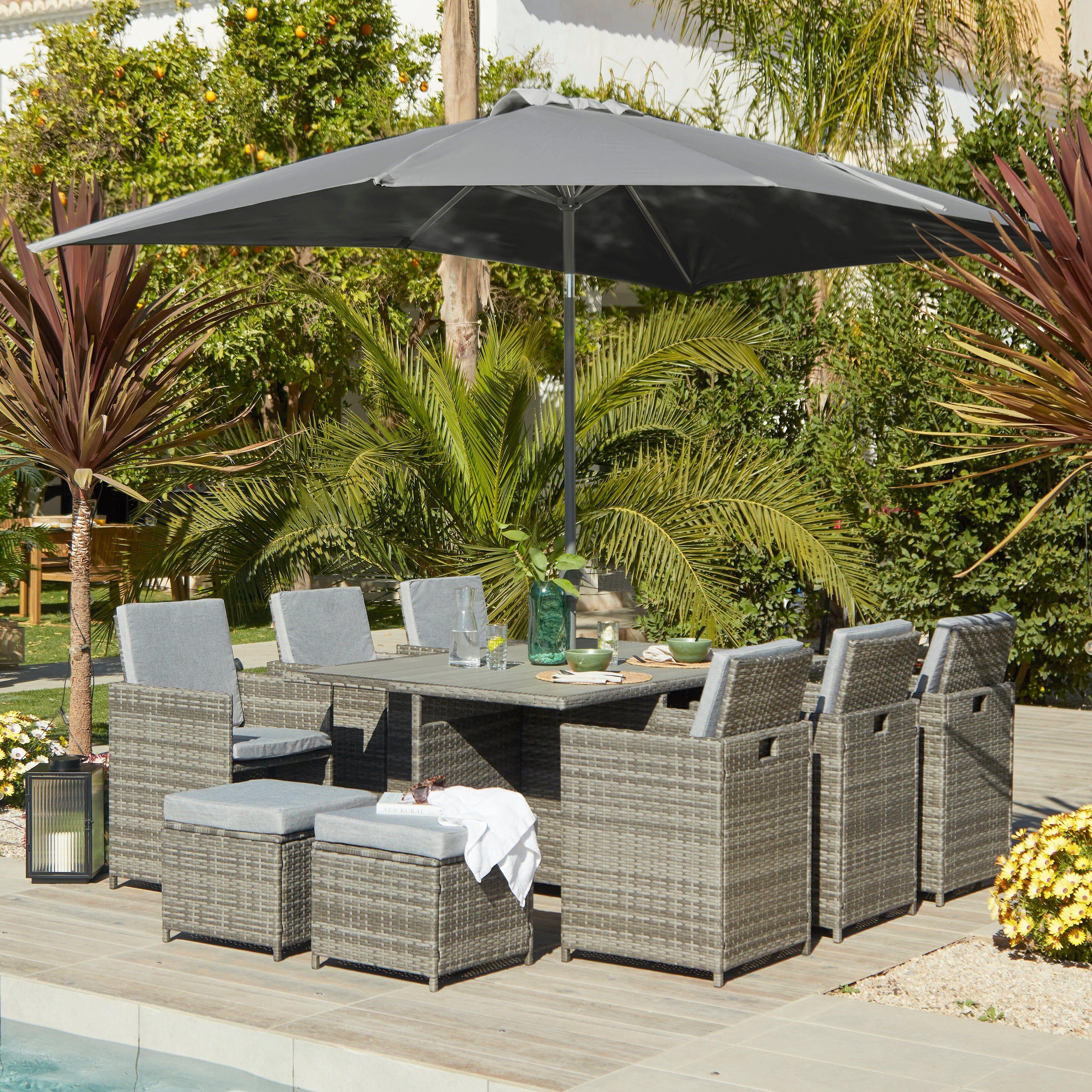 Cube 10 Seater Rattan Outdoor Dining Set with Grey LED Premium Parasol - Grey Weave Polywood Top - Image 5