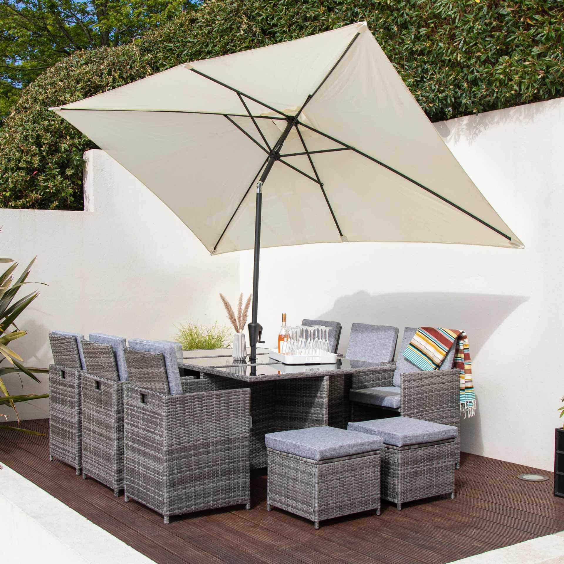 Cube 10 Seater Rattan Outdoor Dining Set with Cream LED Premium Parasol - Grey Weave - Image 3