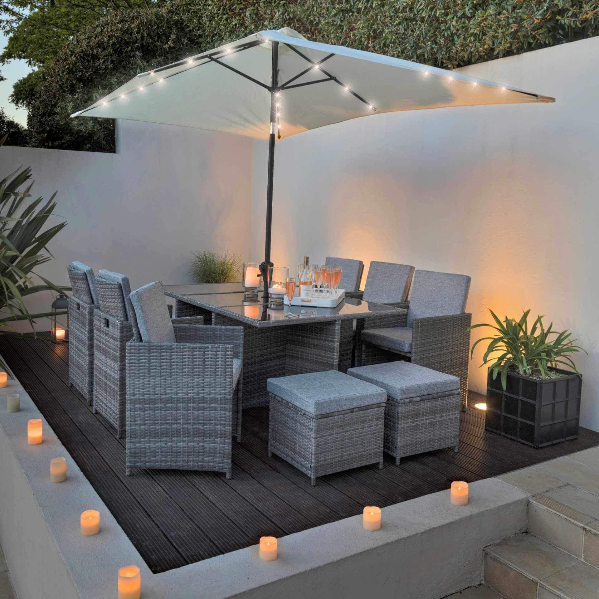 Cube 10 Seater Rattan Outdoor Dining Set with Cream LED Premium Parasol - Grey Weave - Image 4