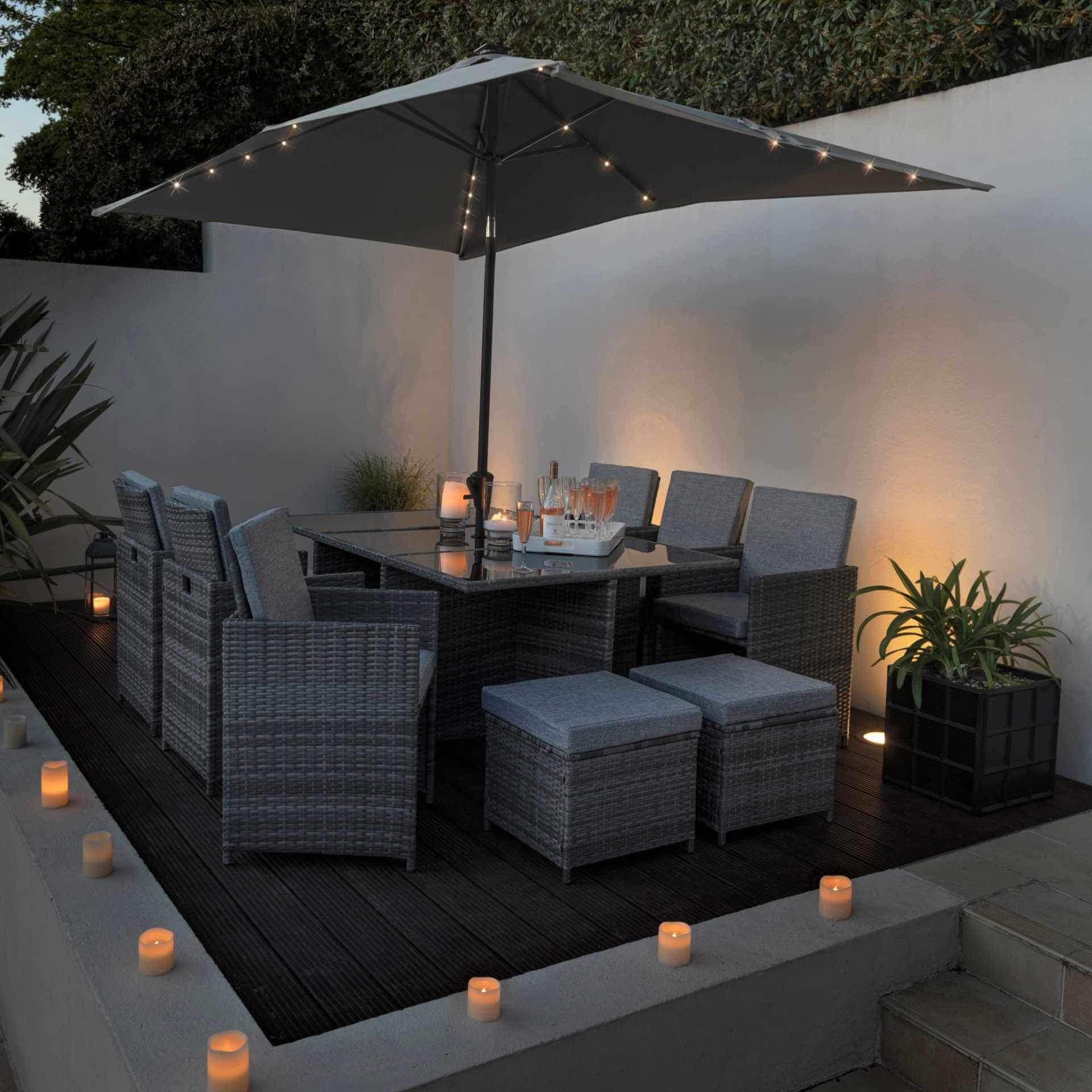 Cube 10 Seater Rattan Outdoor Dining Set with Grey LED Premium Parasol - Grey Weave - Image 3