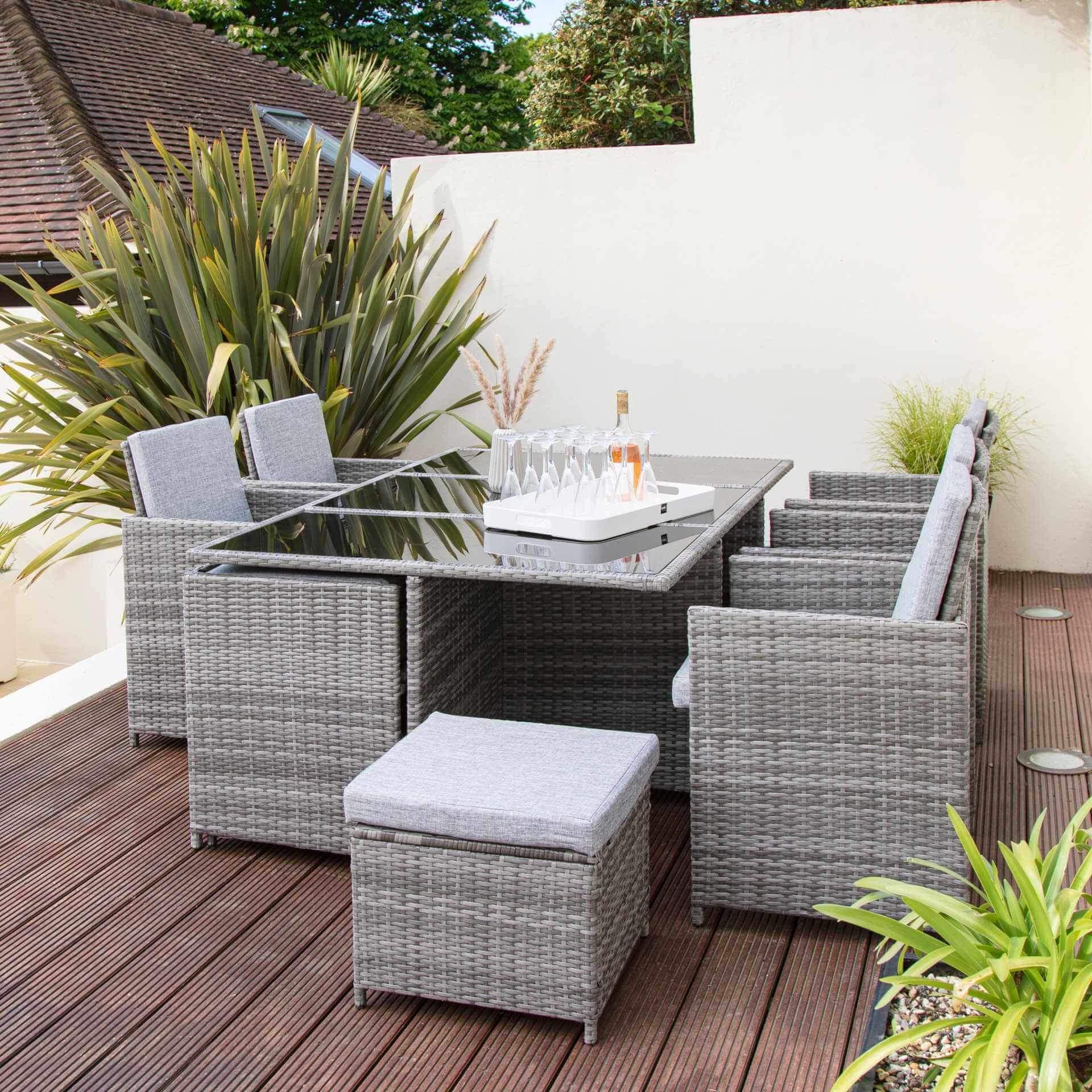 Cube 10 Seater Rattan Outdoor Dining Set with Grey LED Premium Parasol - Grey Weave - Image 4