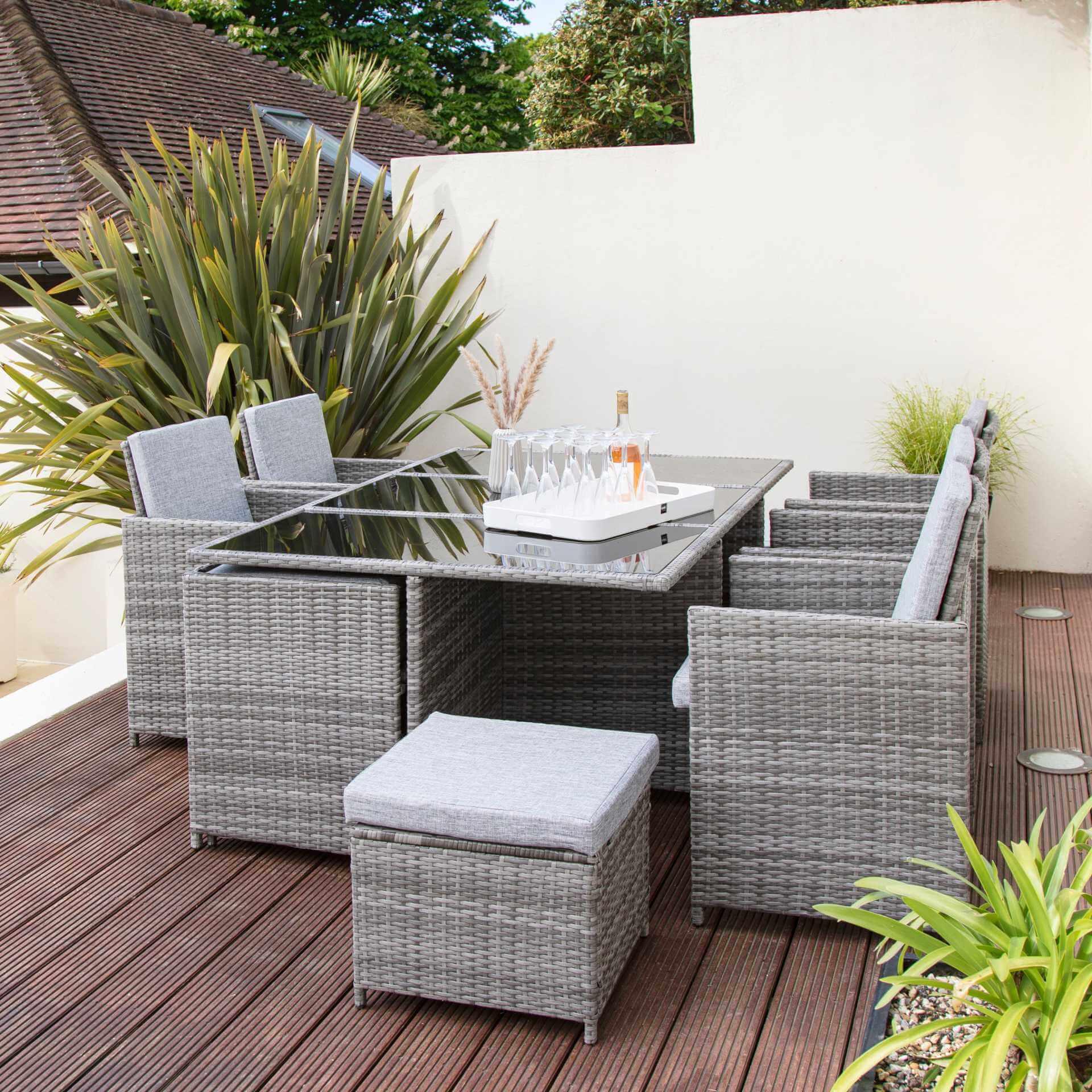 Cube 10 Seater Rattan Garden Dining Set with Grey Parasol - Grey Weave - Image 5