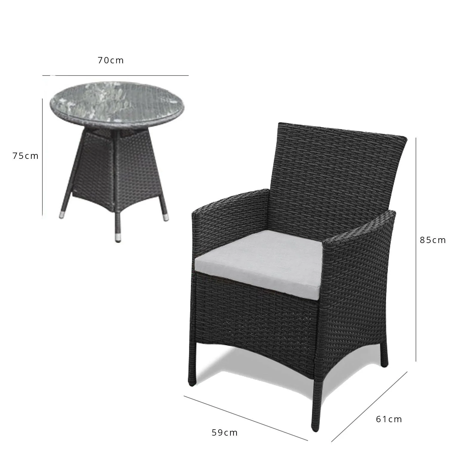 Kemble 2 Seater Rattan Garden Bistro Dining Set - Black - Image 11