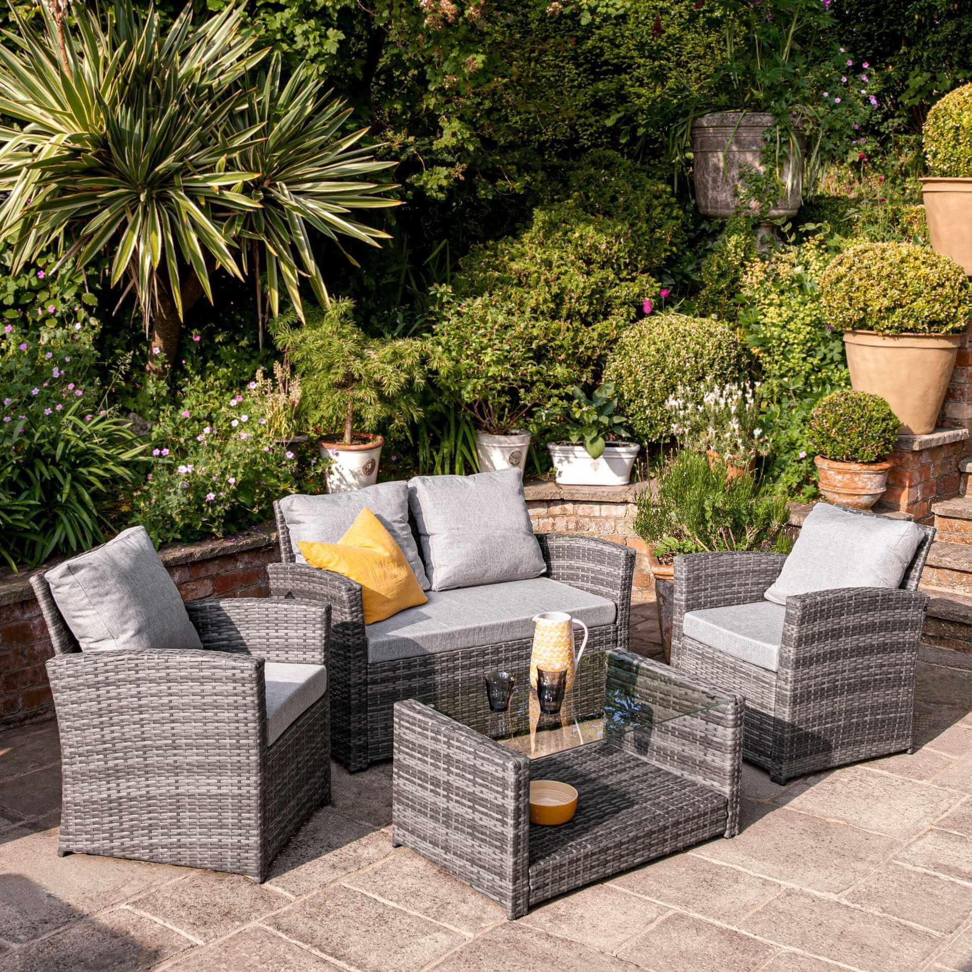 Cote 4 Seater Rattan Garden Sofa Set with Grey Lean Over Parasol - Grey Weave - Image 3