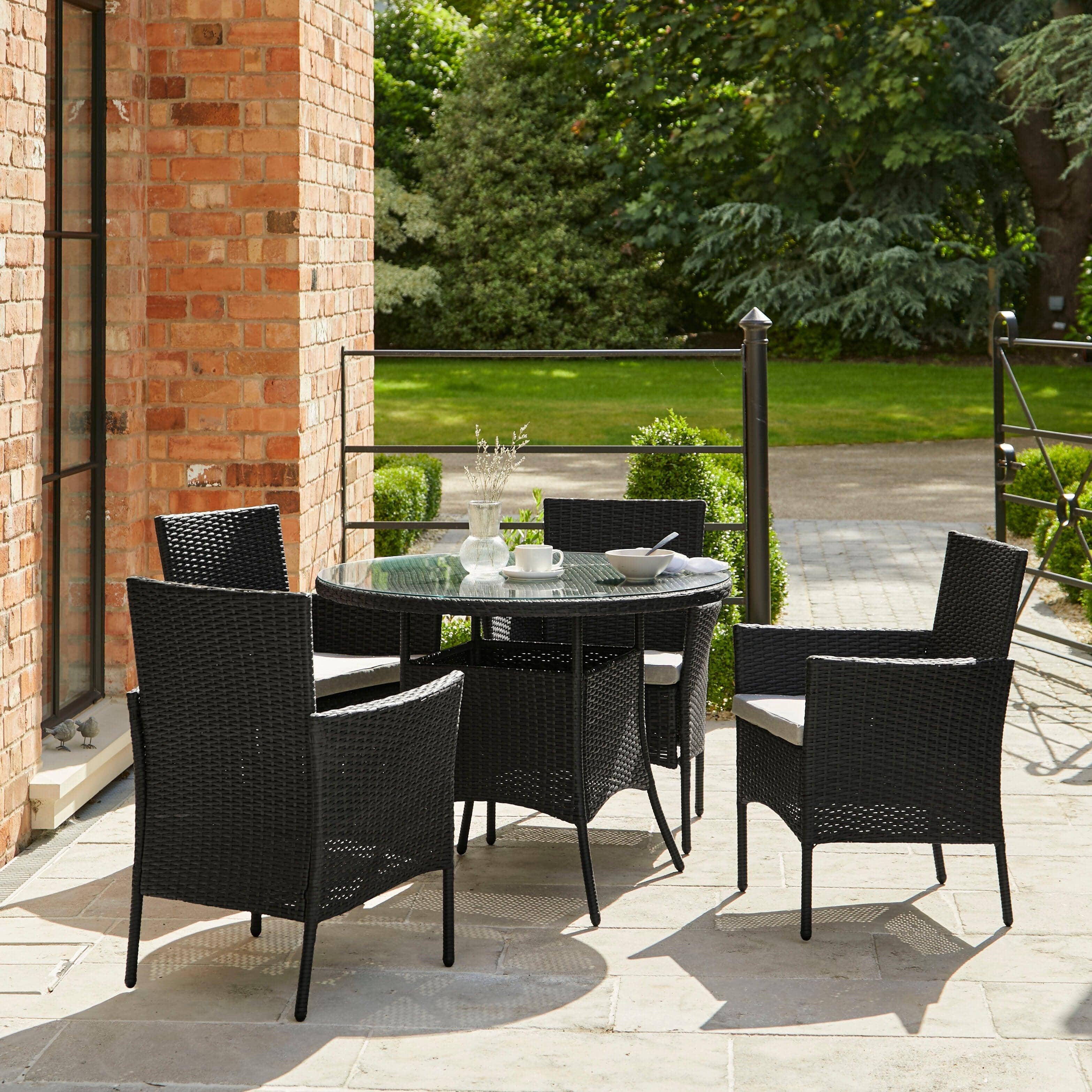 Kemble 4 Seater Rattan Round Dining Set with Grey LED Premium Parasol & Parasol Rain Cover - Black Weave - Image 3