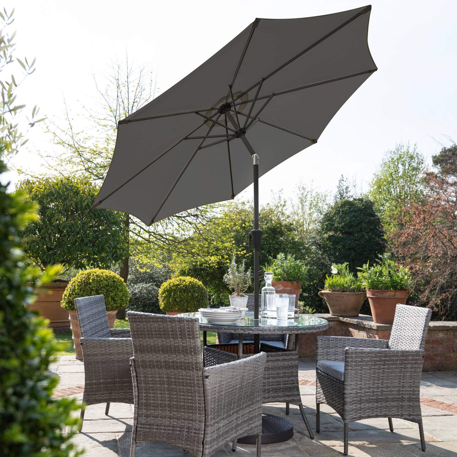 Kemble 4 Seater Rattan Round Dining Set with Grey LED Premium Parasol & Parasol Rain Cover - Grey Weave - Image 3