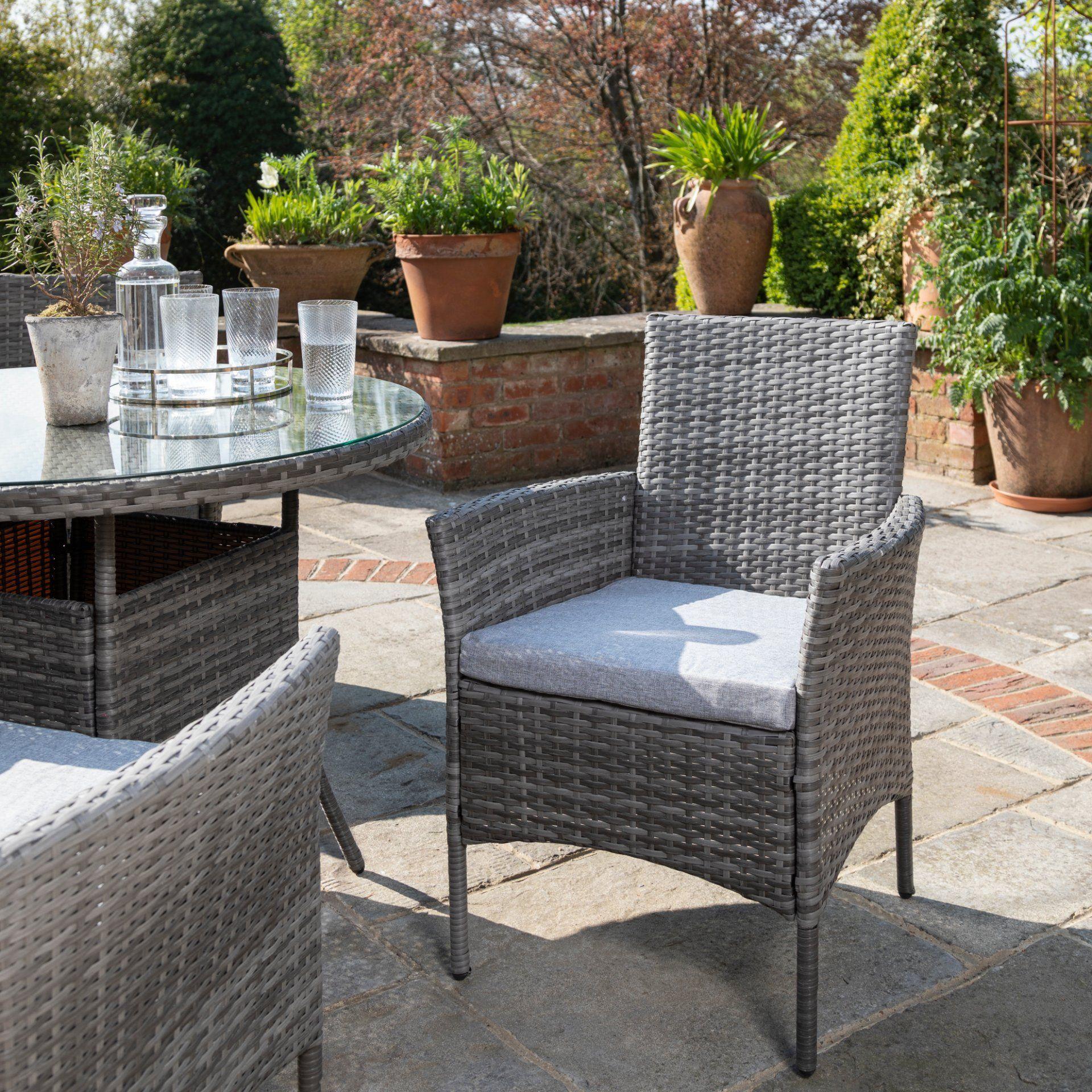 Kemble 4 Seater Rattan Round Dining Set with Cream LED Premium Parasol & Parasol Rain Cover - Grey Weave - Image 5