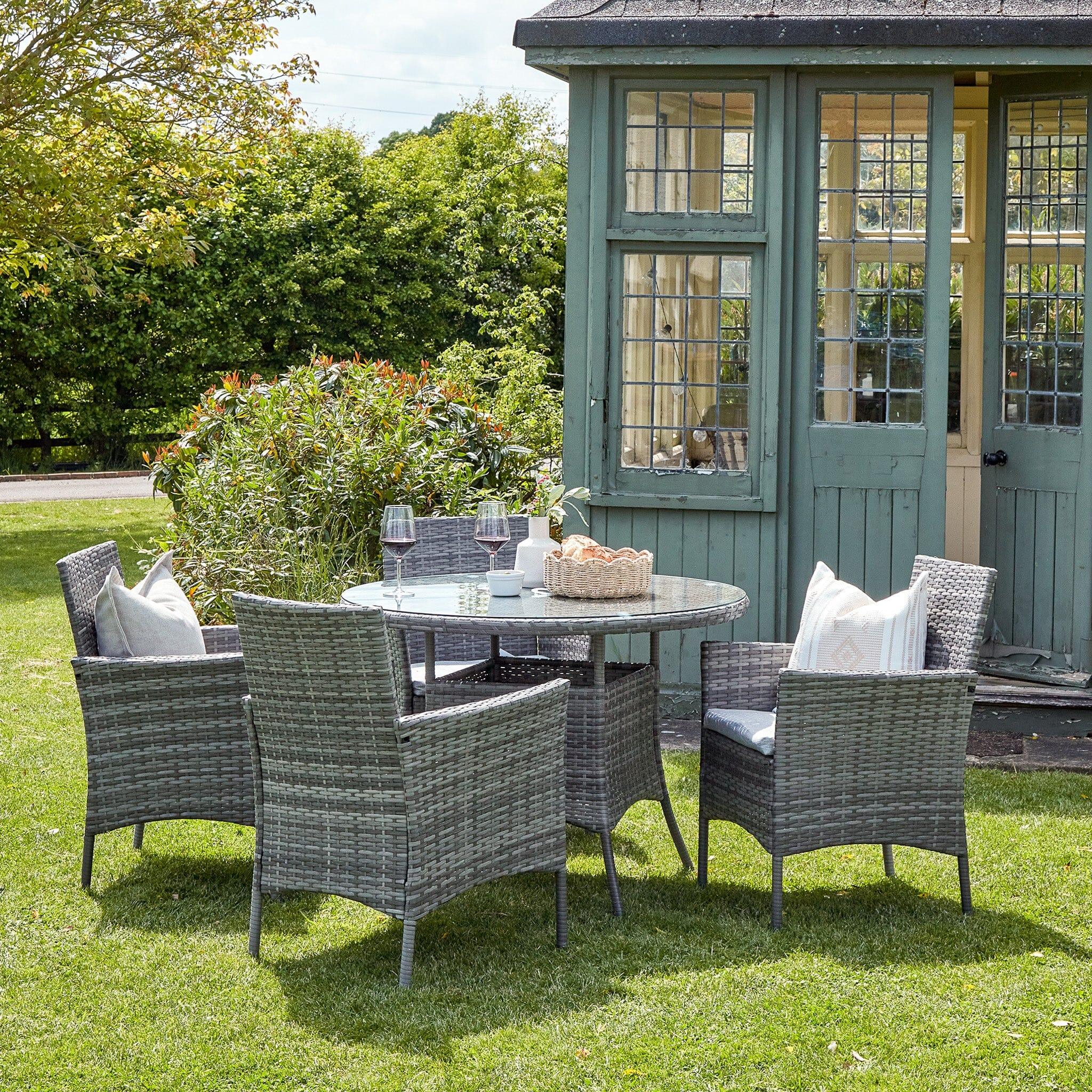 Kemble 4 Seater Rattan Round Garden Dining Table & Chair Set - Grey - Image 3