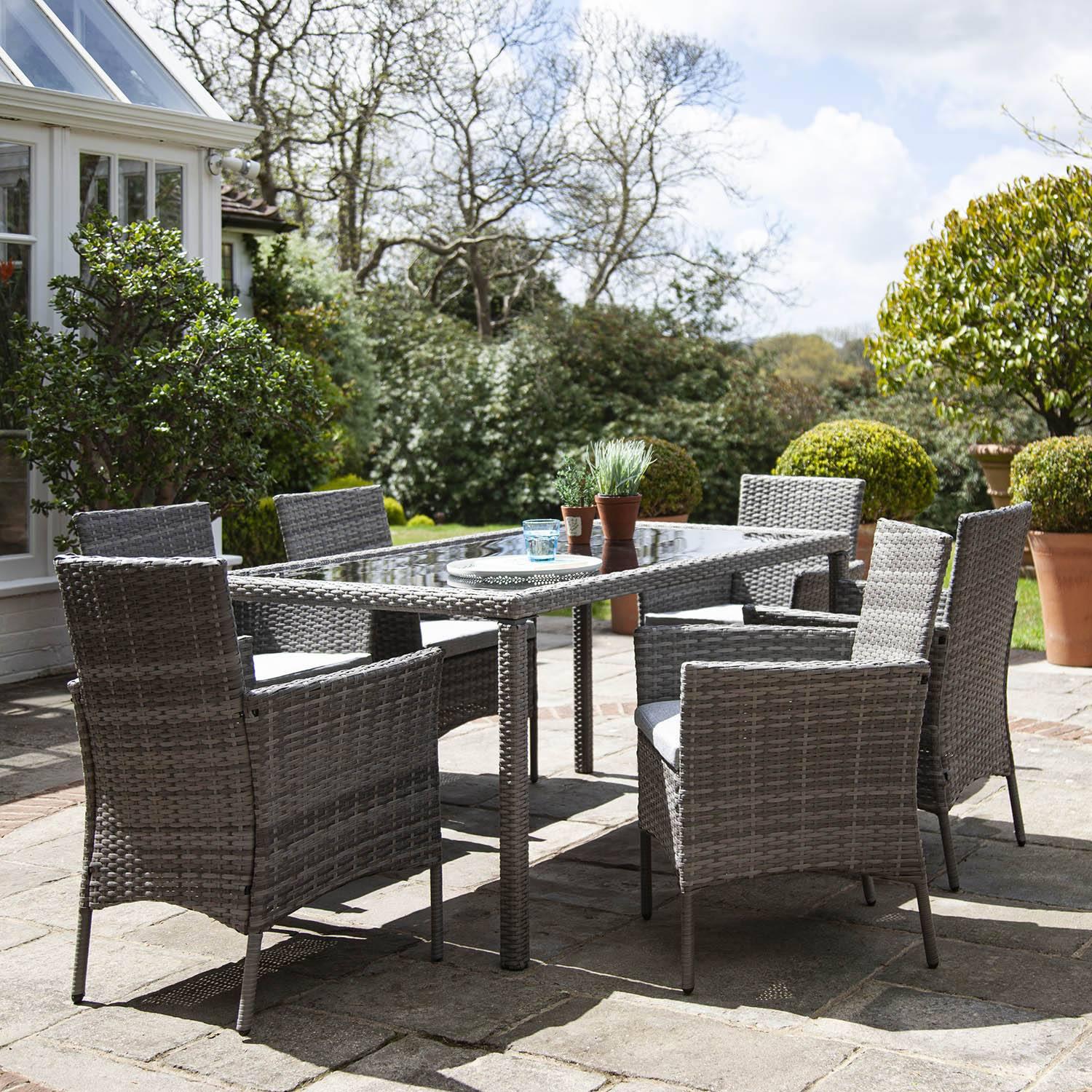 Marston 6 Seater Rattan Garden Dining Set with Cream LED Premium Parasol - Grey - Glass Top - Image 3