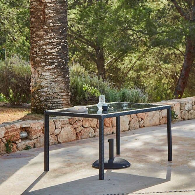 Marston 6 Seater Rattan Garden Dining Set with Cream LED Premium Parasol - Black - Glass Top - Image 3