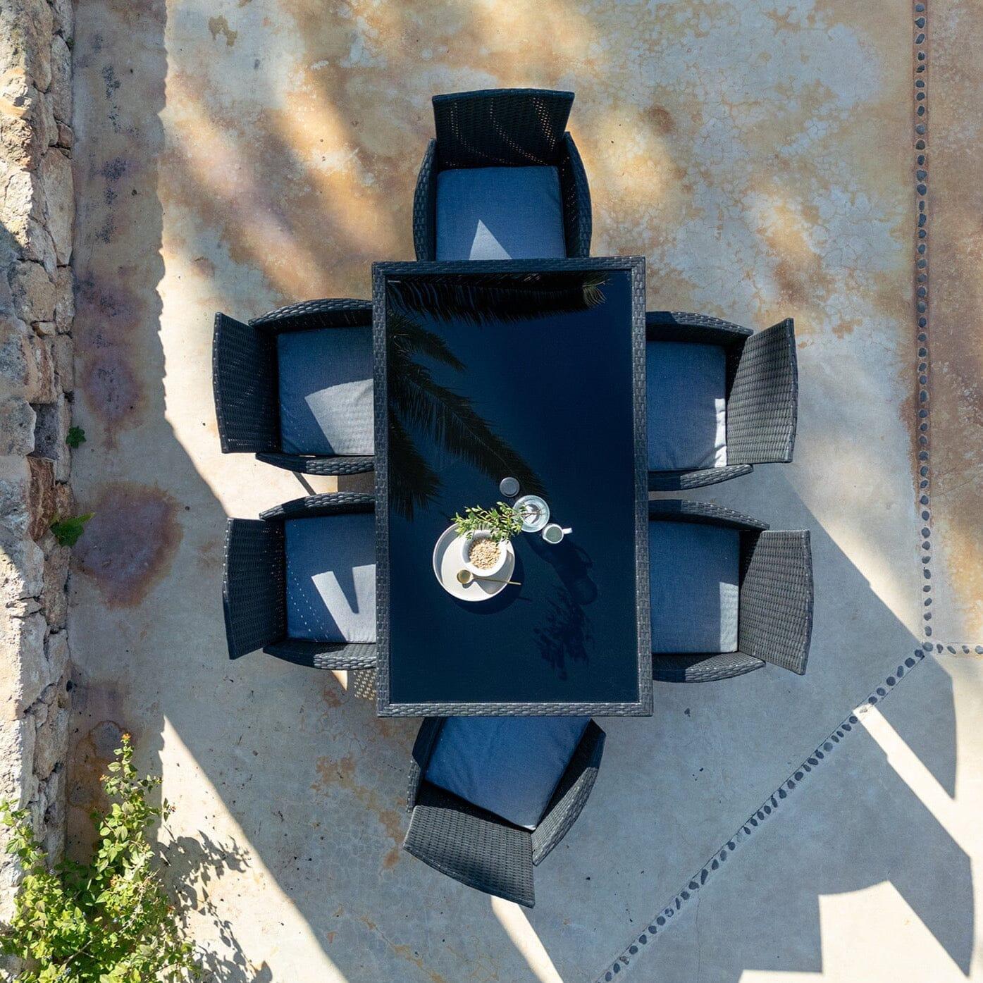 Marston 6 Seater Rattan Garden Dining Set with Cream Parasol - Black - Glass Top - Image 3