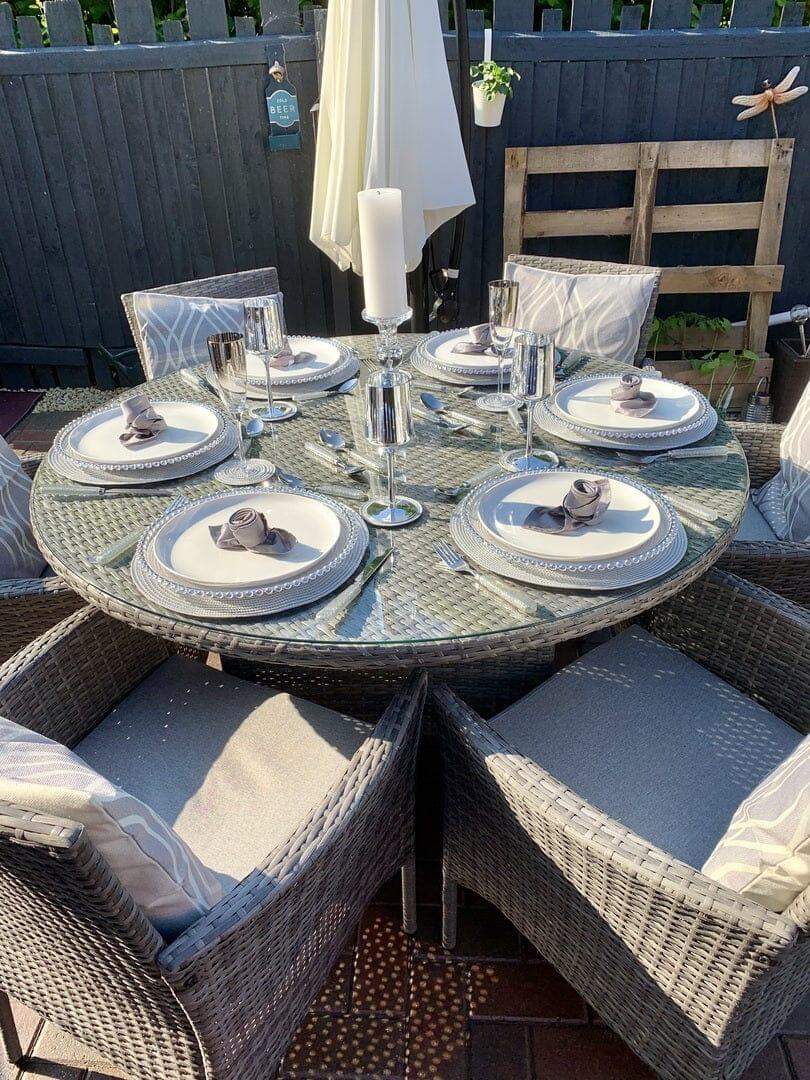 Kemble 6 Seater Rattan Round Garden Dining Set with Grey Parasol - Grey Weave - Image 3
