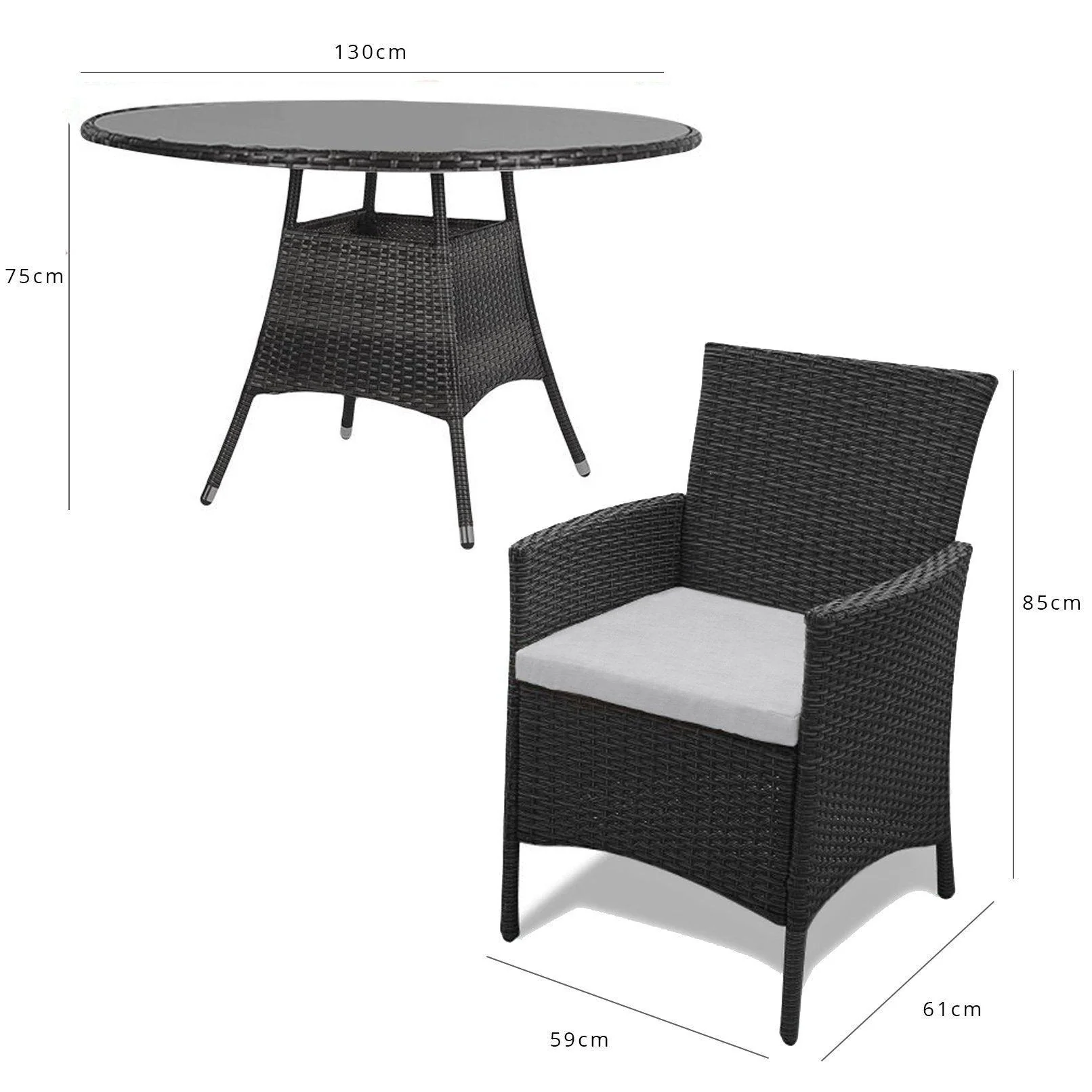 Kemble 6 Seater Rattan Round Garden Dining Set with Cream Parasol - Black Weave - Image 10