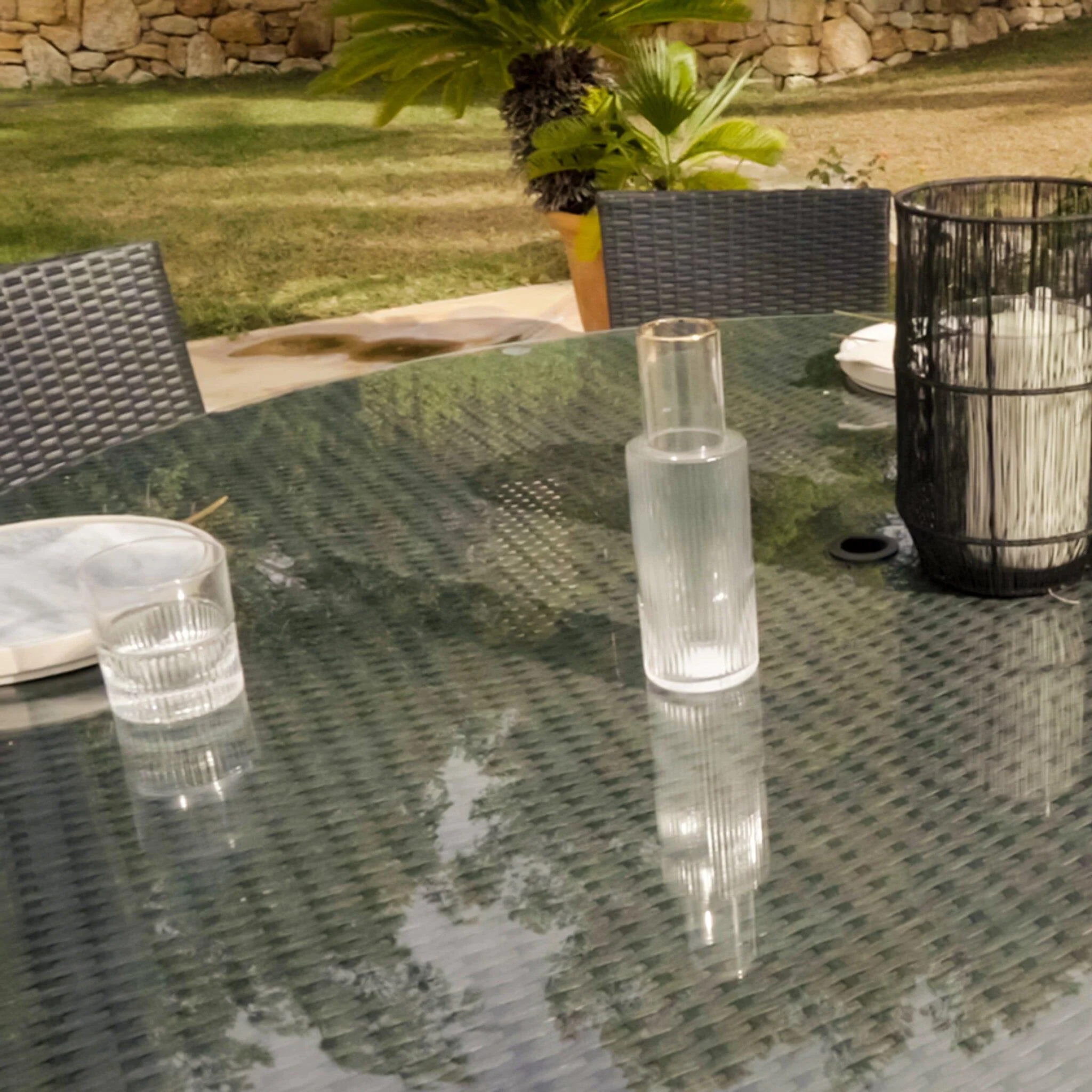 Kemble 6 Seater Rattan Round Garden Dining Table Set - Black - Image 4