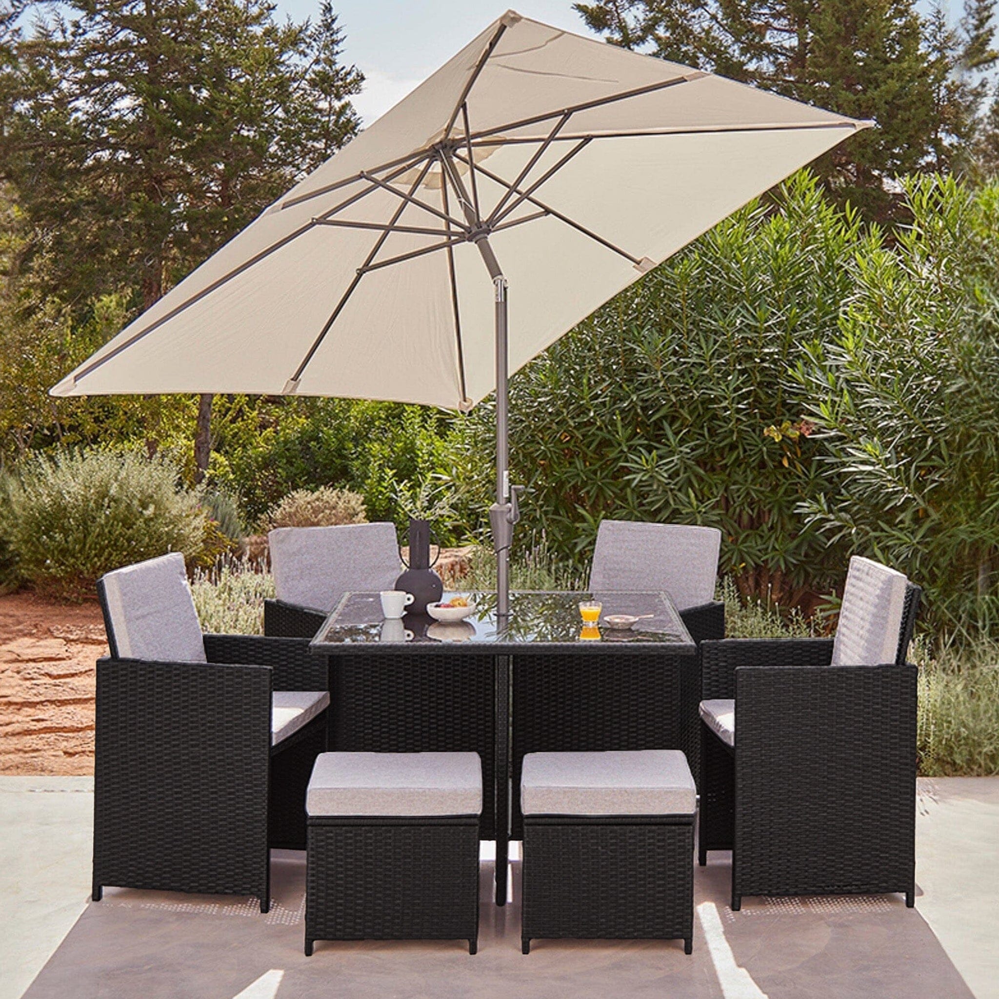Cube 8 Seater Rattan Outdoor Dining Set with Cream LED Premium Parasol - Mixed Black Weave - Image 3