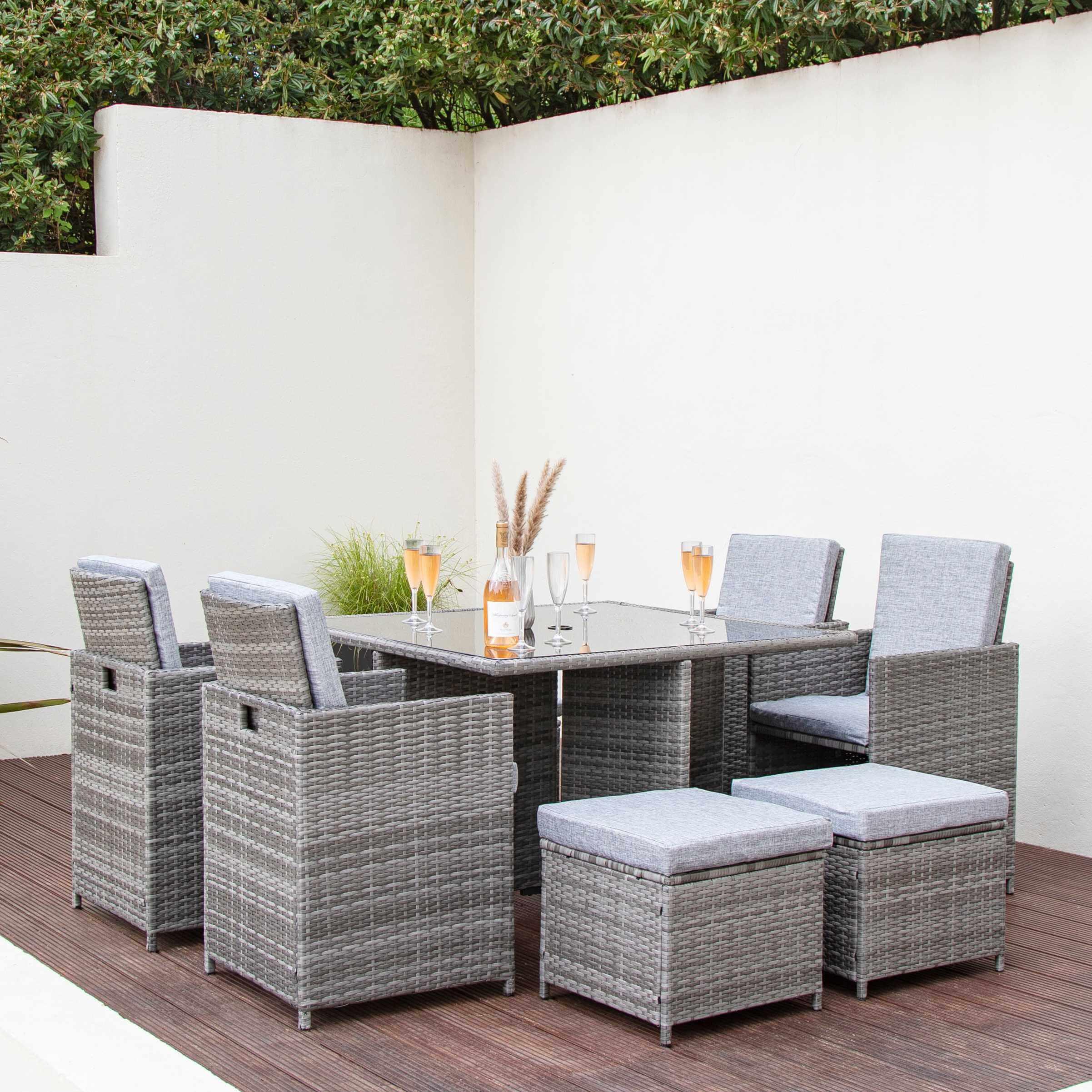 Cube 8 Seater Rattan Outdoor Dining Set with LED Premium Parasol - Grey Weave with Grey Cushion - Image 4