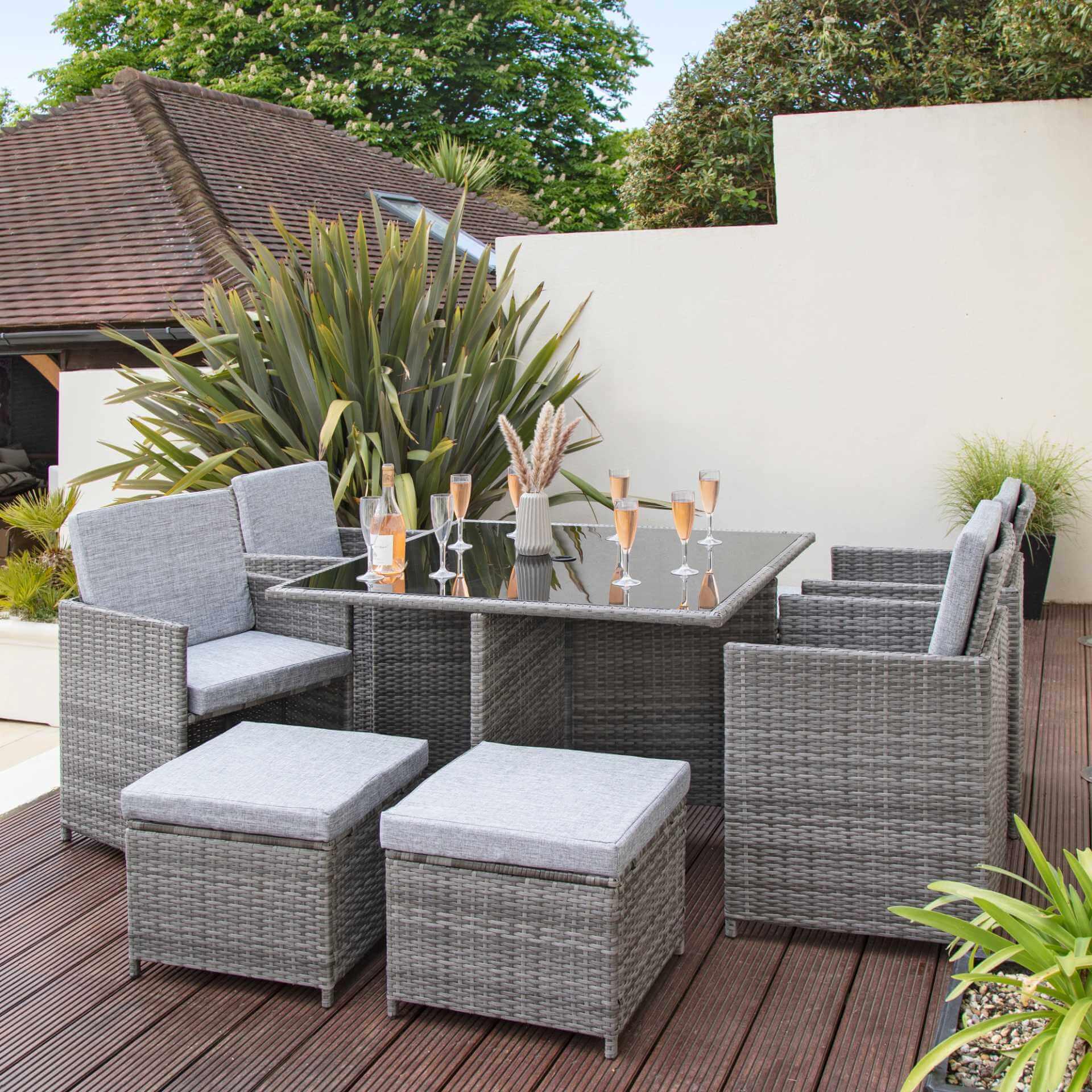 Cube 8 Seater Rattan Outdoor Dining Set with LED Premium Parasol - Grey Weave with Grey Cushion - Image 5