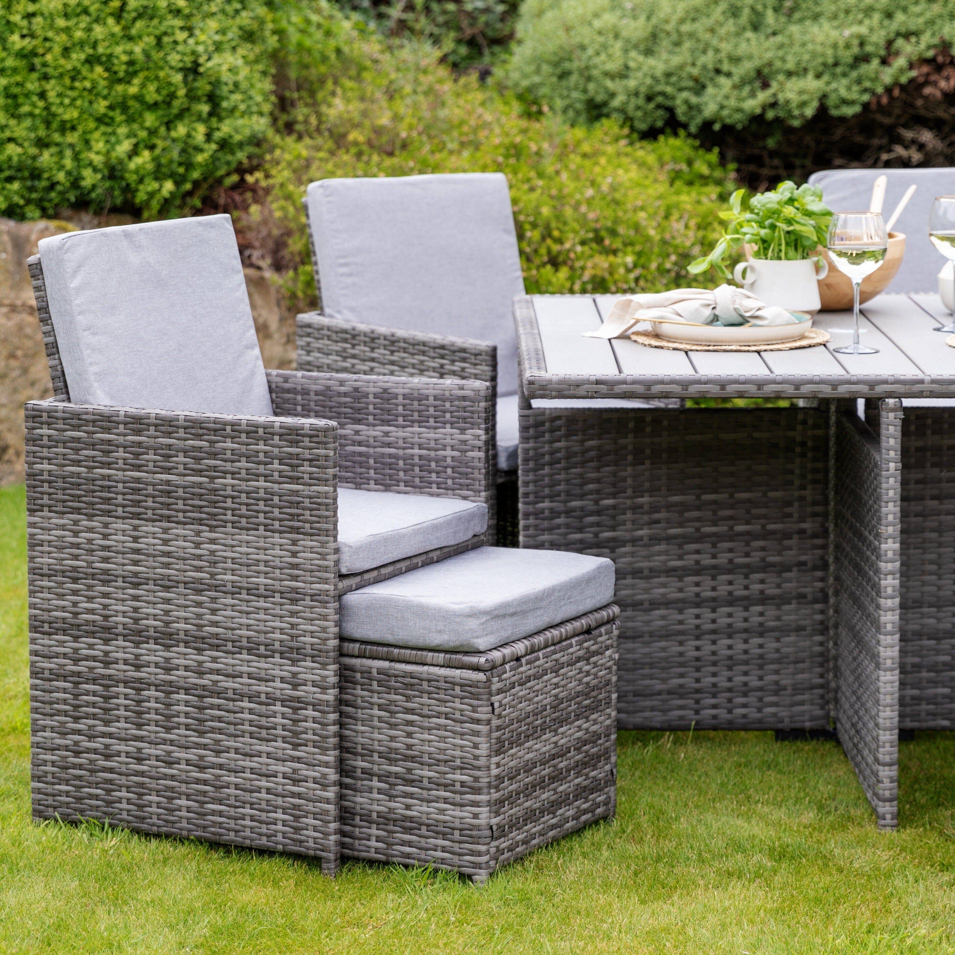 Cube 8 Seater Rattan Outdoor Dining Set Grey LED Premium Parasol - Grey Weave Polywood Top - Image 5