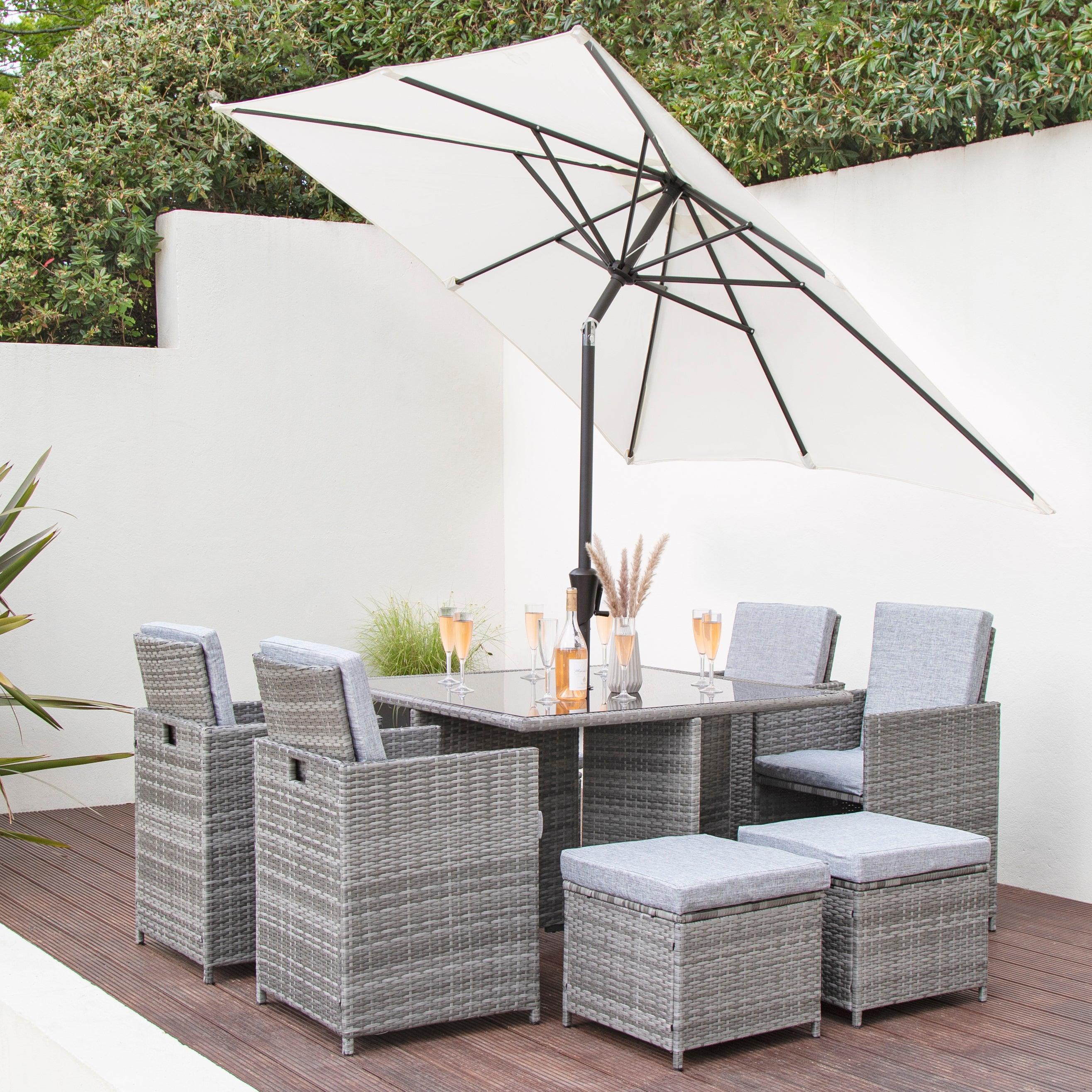 Cube 8 Seater Rattan Outdoor Dining Set with Parasol - Grey Weave - Image 3