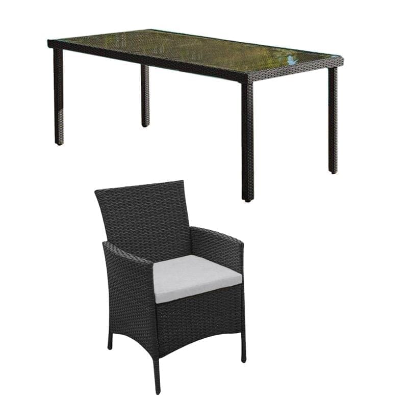 Marston 8 Seater Rattan Garden Dining Set with Grey Parasol - Black - Glass Top - Image 6