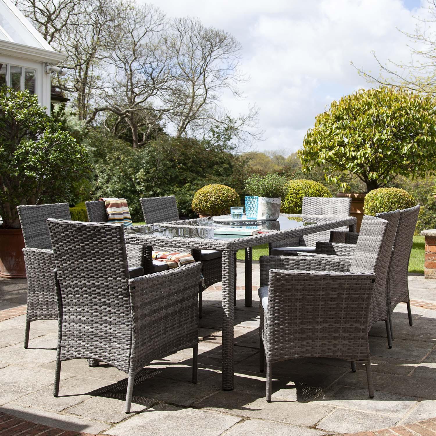 Marston 8 Seater Rattan Garden Dining Set with Cream Parasol - Grey - Glass Top - Image 4