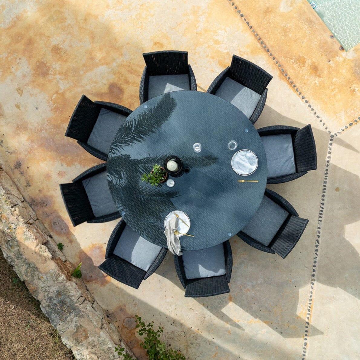 Kemble 8 Seater Rattan Round Garden Dining Set with Cream Parasol - Black - Image 4