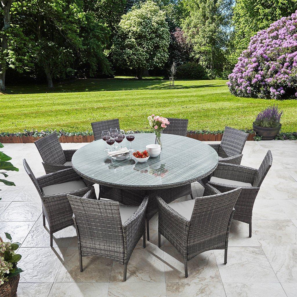 Kemble 8 Seater Rattan Round Garden Dining Set with Cream Parasol - Grey - Image 6