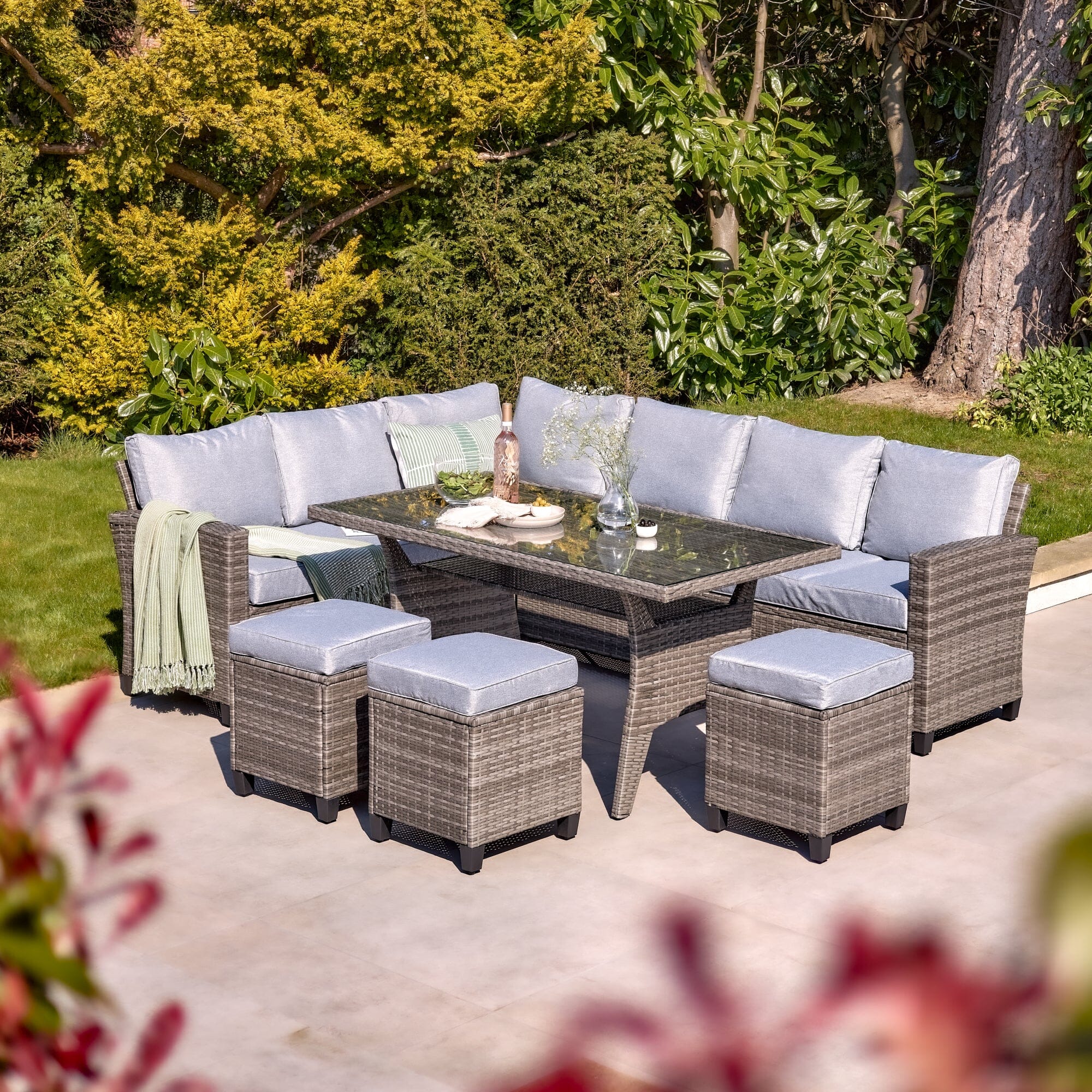 Aston 9 Seater Rattan Corner Sofa Set with Glass Table Top - Grey - Image 5