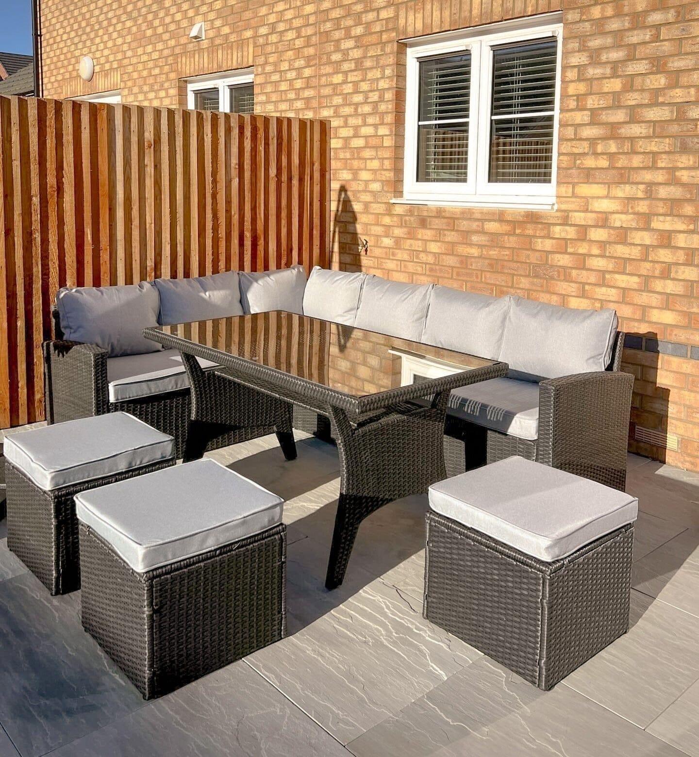 Aston 9 Seater Rattan Garden Corner Sofa Set with Grey Lean Over Parasol - Black Weave - Image 3