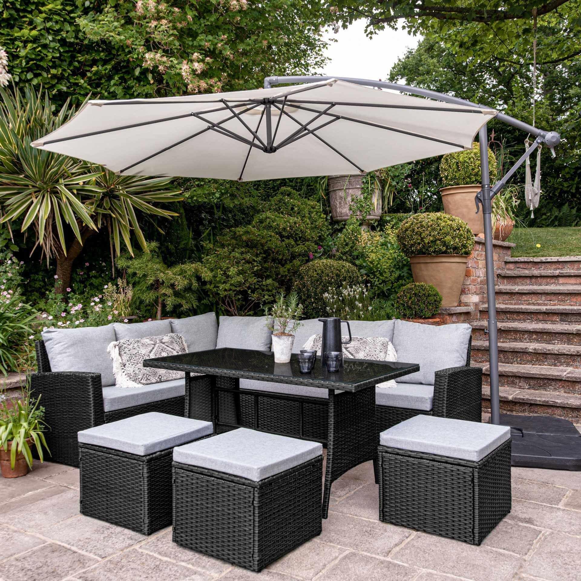 Aston 9 Seater Rattan Garden Corner Sofa Set with Cream Lean Over Parasol - Black Weave - Image 17