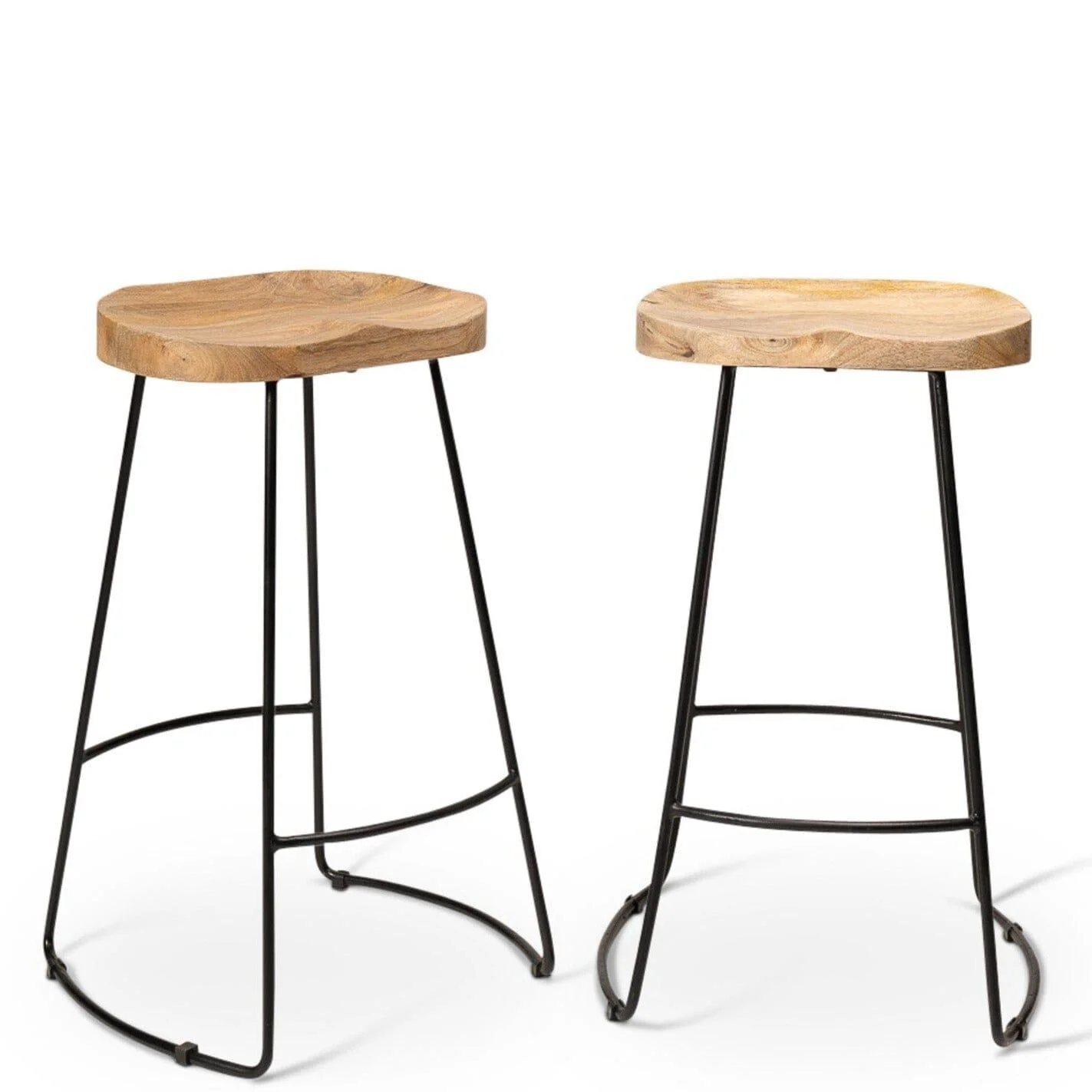 Aiden Natural Mango Wood Backless Bar Stools - Set of 2 - Black Iron Legs - Image 11