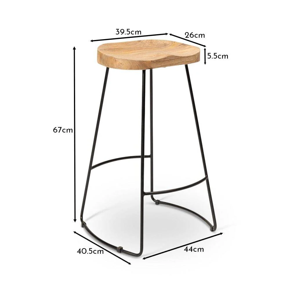 Aiden Natural Mango Wood Backless Bar Stools - Set of 2 - Black Iron Legs - Image 17