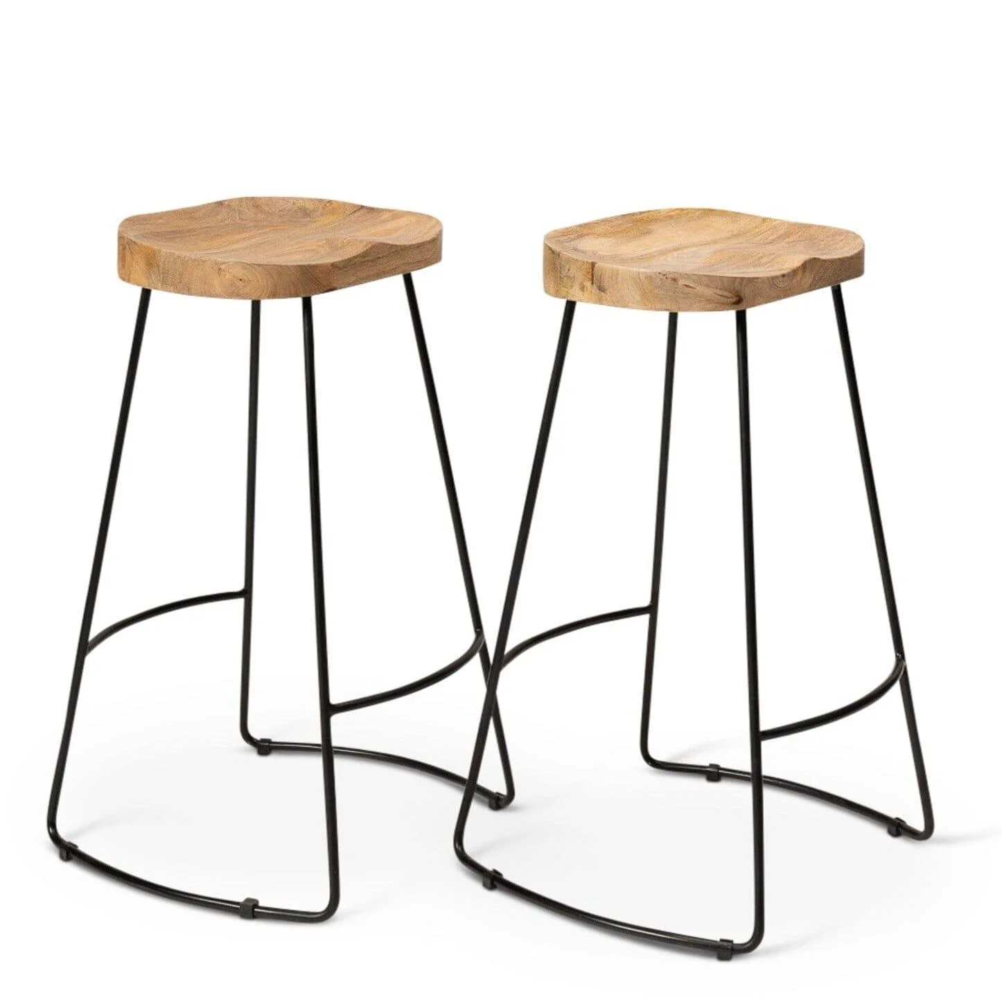 Aiden Natural Mango Wood Backless Bar Stools - Set of 2 - Black Iron Legs - Image 10