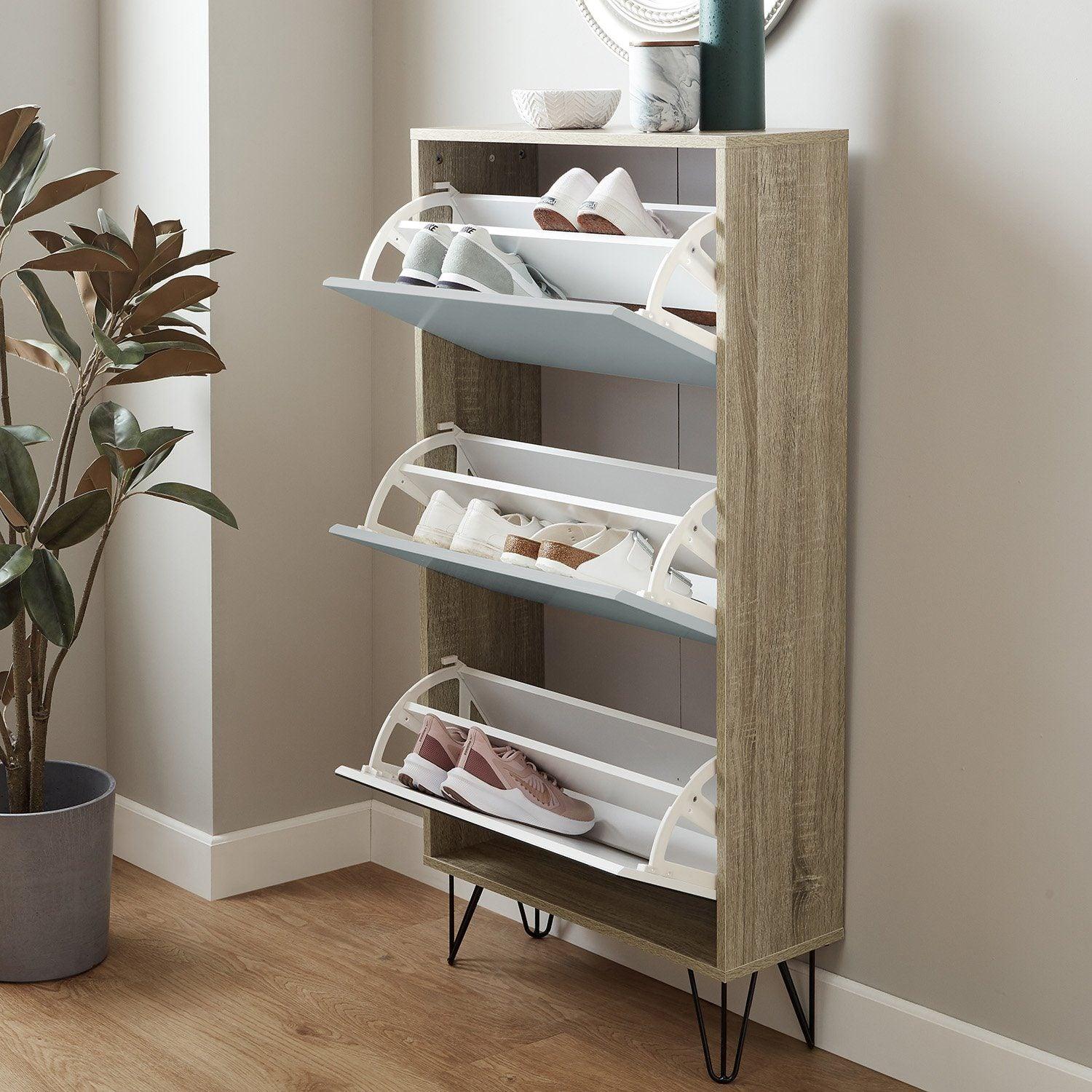 Anderson Shoe Cabinet - 3 Door - Oak Effect & Grey - Image 4