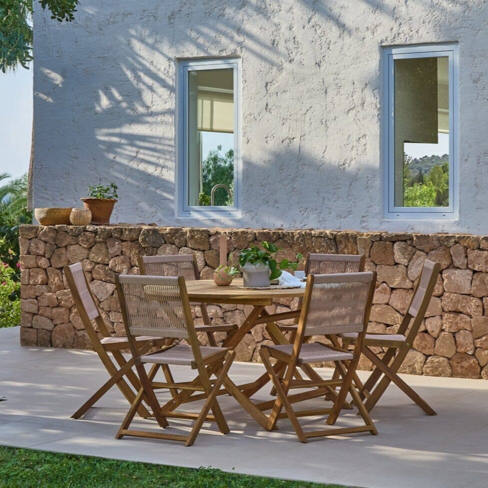 Ashby 6 Seater Wooden Round Garden Dining Set with 6 Cove Rope Chairs & Cream LED Parasol  - 130cm - Image 10
