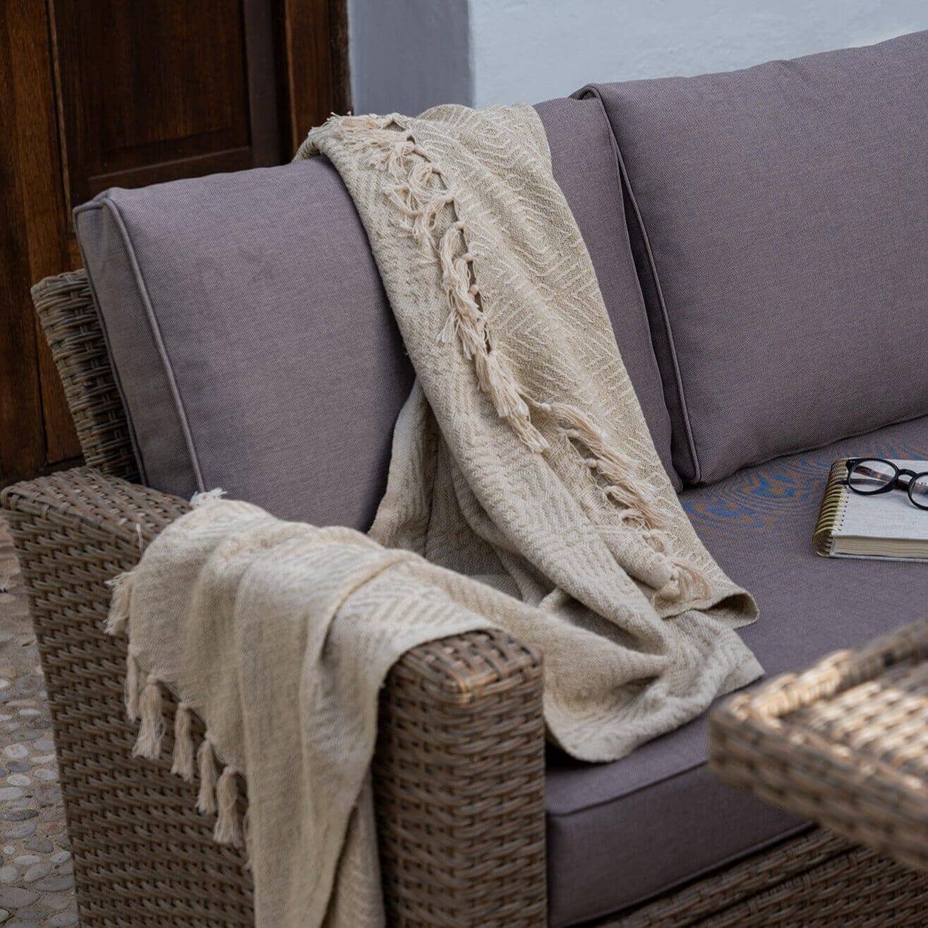 Aston 9 Seater Rattan Corner Sofa Set with Grey Lean Over Parasol with Polywood Table Top - Natural Brown - Image 6