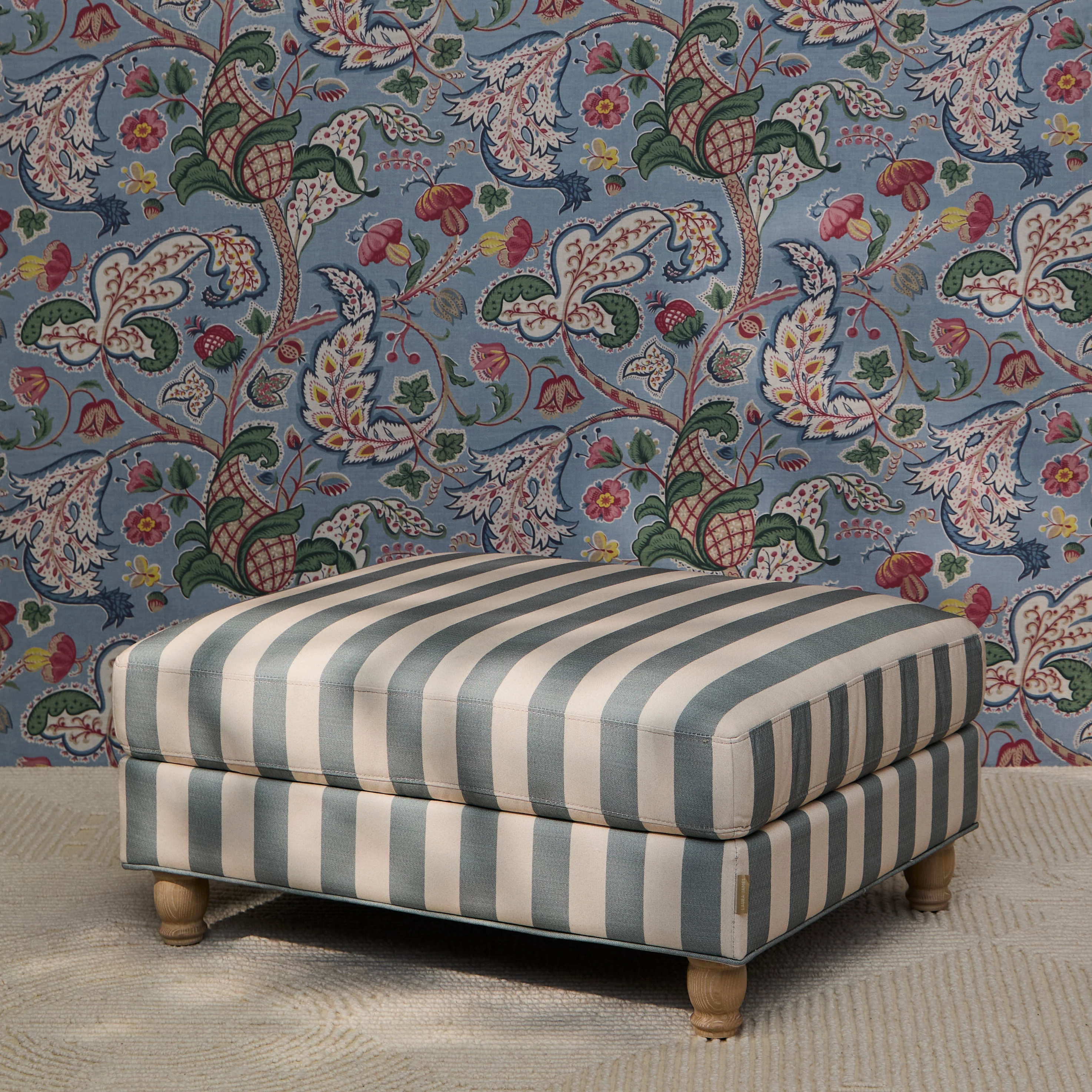 Brea Footstool - Blue Stripe with Whitewash Legs - Image 3