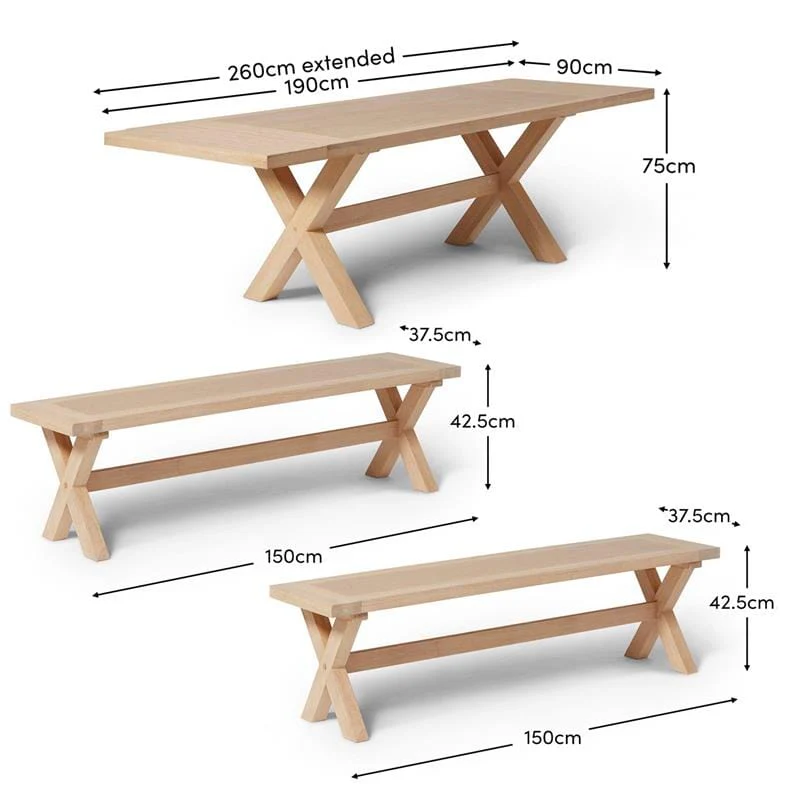 Charlotte Extendable Table 190cm with 2 150cm Dining Benches - Whitewash Oak - Image 17