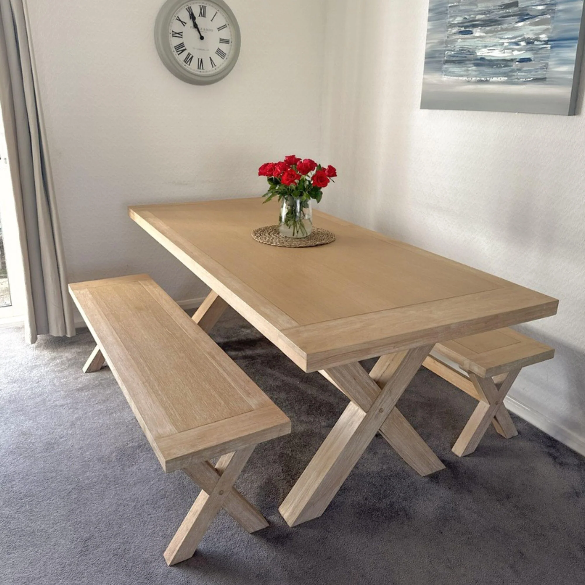 Charlotte Extendable Table 190cm with 2 150cm Dining Benches - Whitewash Oak - Image 3