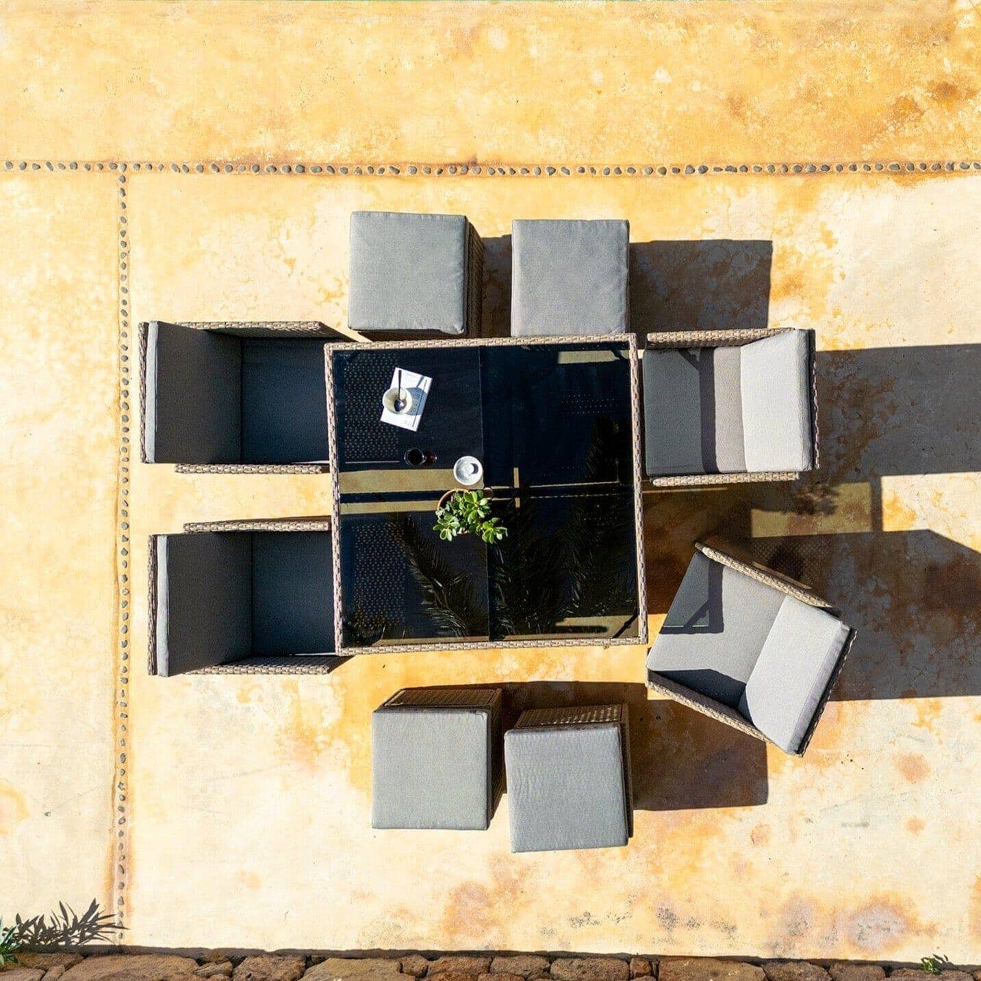 Cube 8 Seater Outdoor Dining Set - Natural Brown Weave Black Glass Top - Image 10