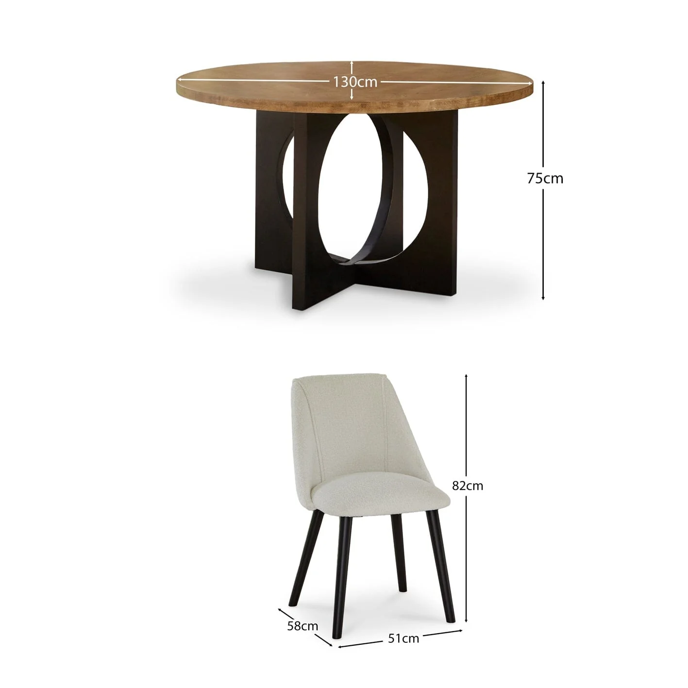 Jade Mango Wood Round Dining Table Set - 4 Seater - Freya Boucle Dining Chairs with Black Legs - Image 10