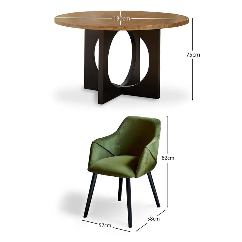 Jade Mango Wood Round Dining Table Set - 4 Seater - Freya Fern Green Armchairs with Black Legs - Image 13