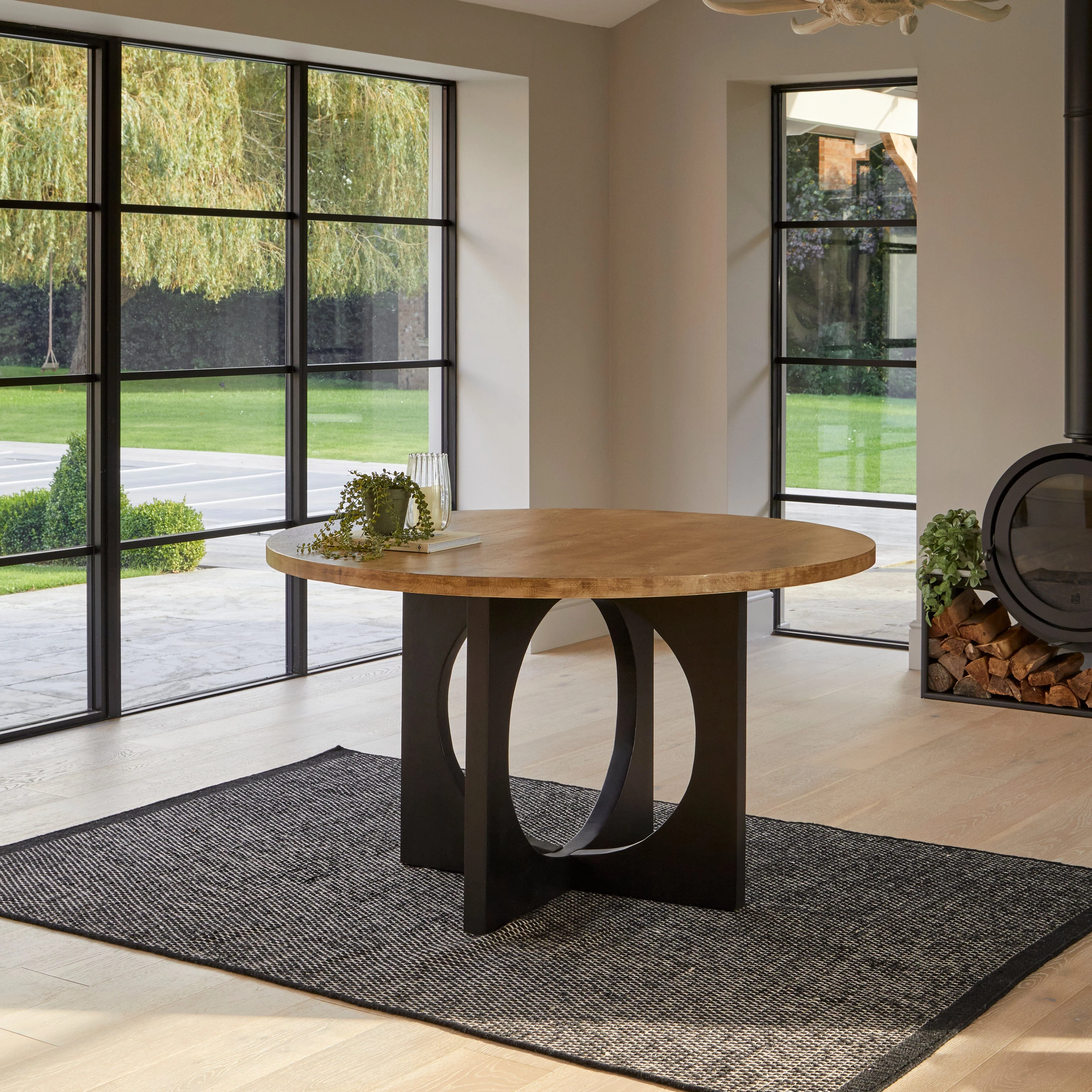 Jade Mango Wood Round Dining Table Set - 4 Seater - Freya Fern Green Armchairs with Black Legs - Image 3