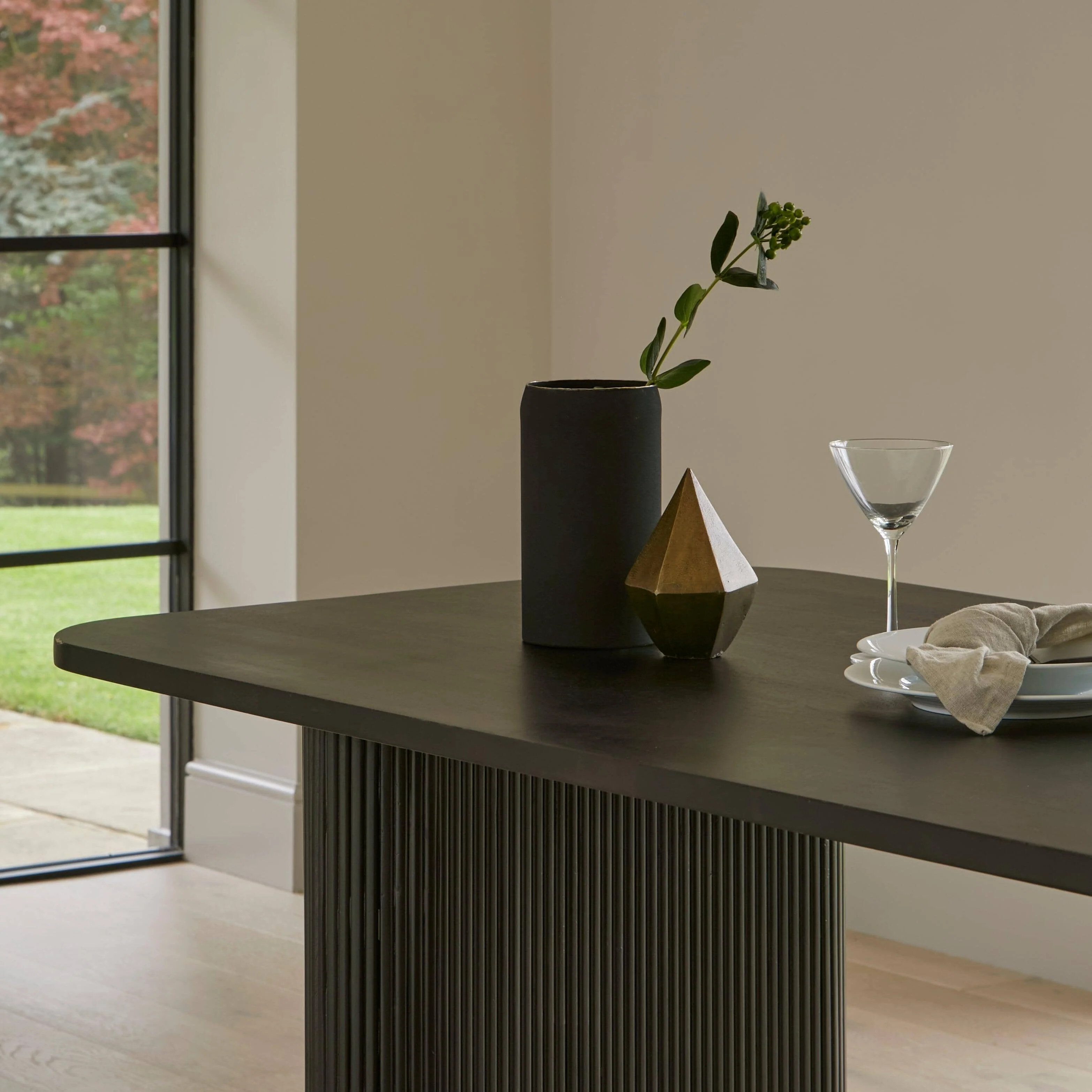 Orla Black Wooden Dining Table Set - 6 Seater - Freya Sand Dining Chairs - Black Oak Legs - Image 7