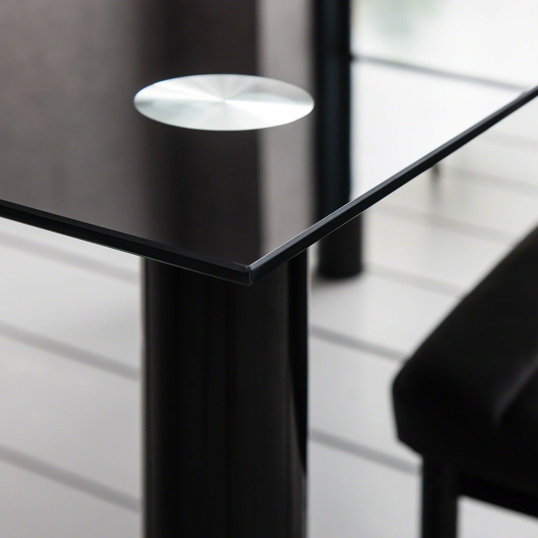 Anya Glass Dining Table Set - 6 Seater - Anya Black Faux Leather Chairs - Image 6