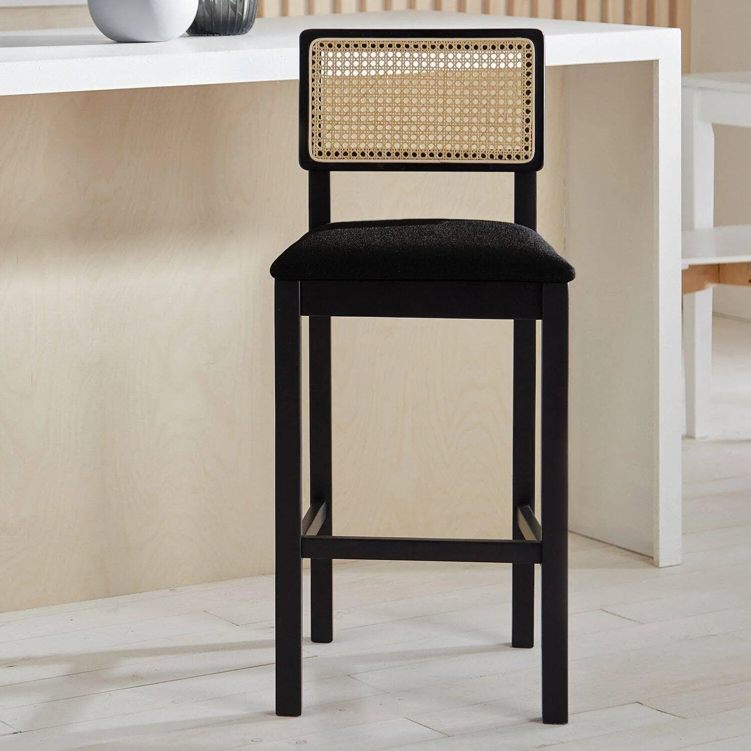 Charlie Black Cane Bar Stool - Wooden Footrest - Image 3