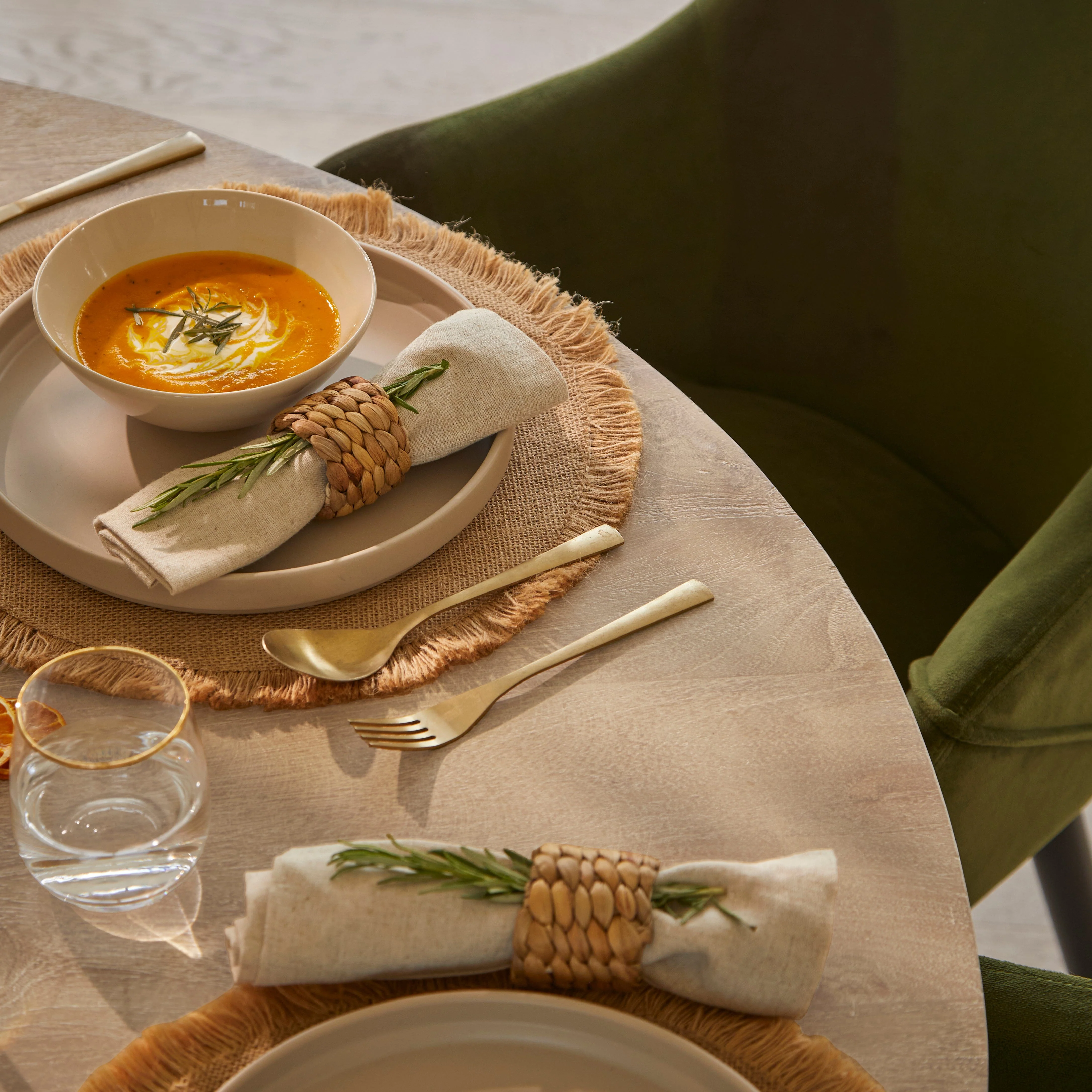 Jade Mango Wood Round Dining Table Set - 4 Seater - Freya Fern Green Armchairs with Black Legs - Image 6