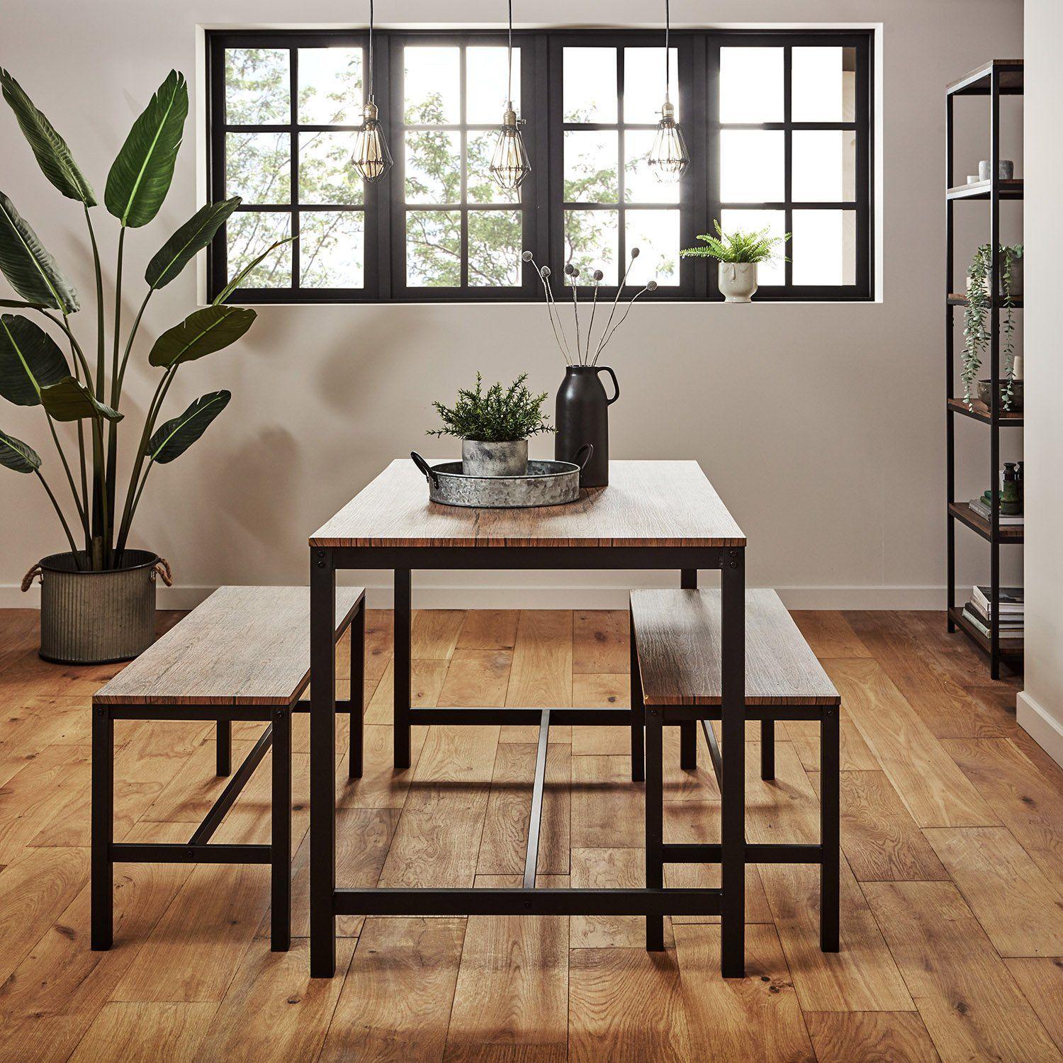 Sheffield Rich Oak Dining Table Set - 4 Seater - 2 Sheffield Benches - Matte Black Legs - Image 3