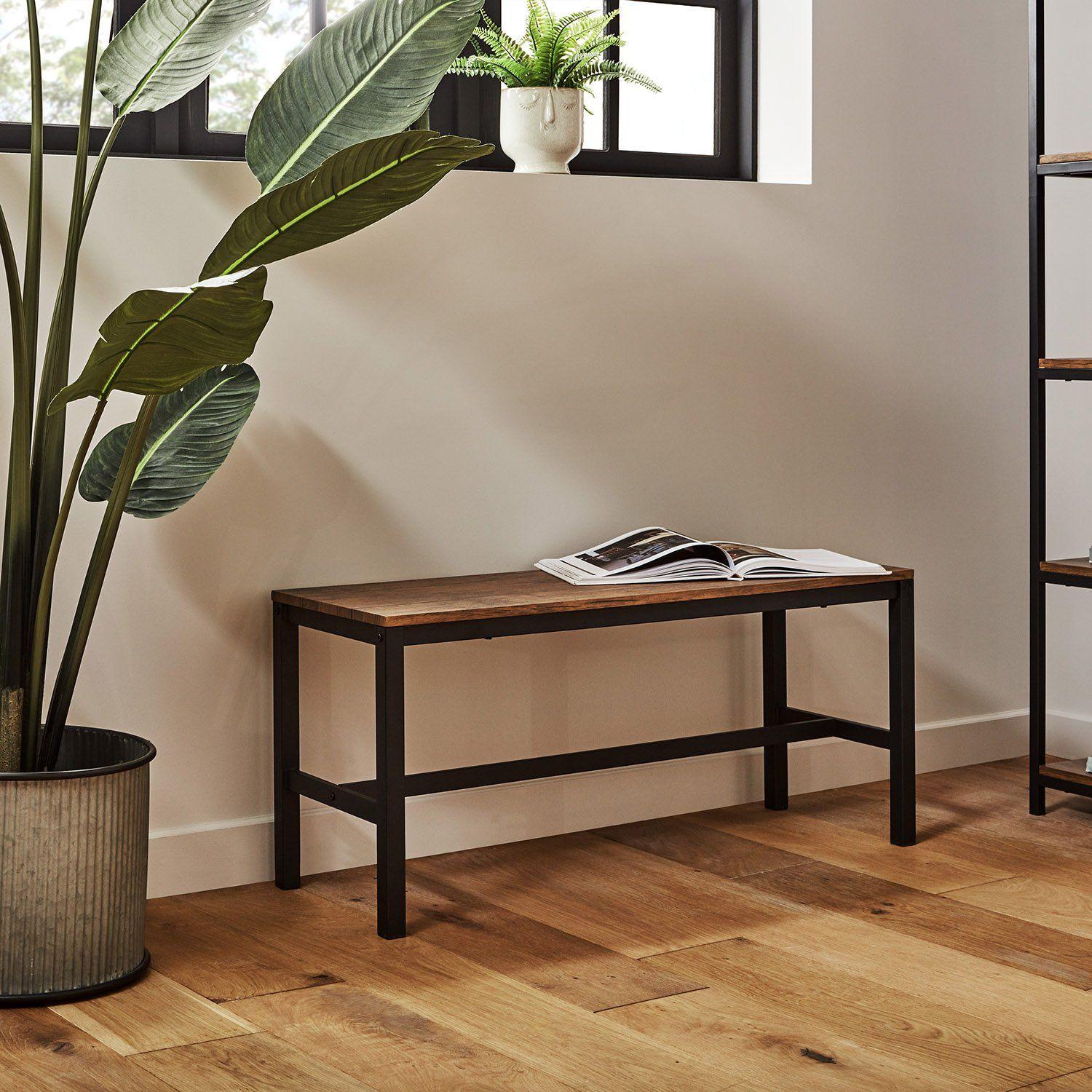 Sheffield Rich Oak Dining Table Set - 4 Seater - 1 Sheffield Bench & 2 Stools - Matte Black Legs - Image 7